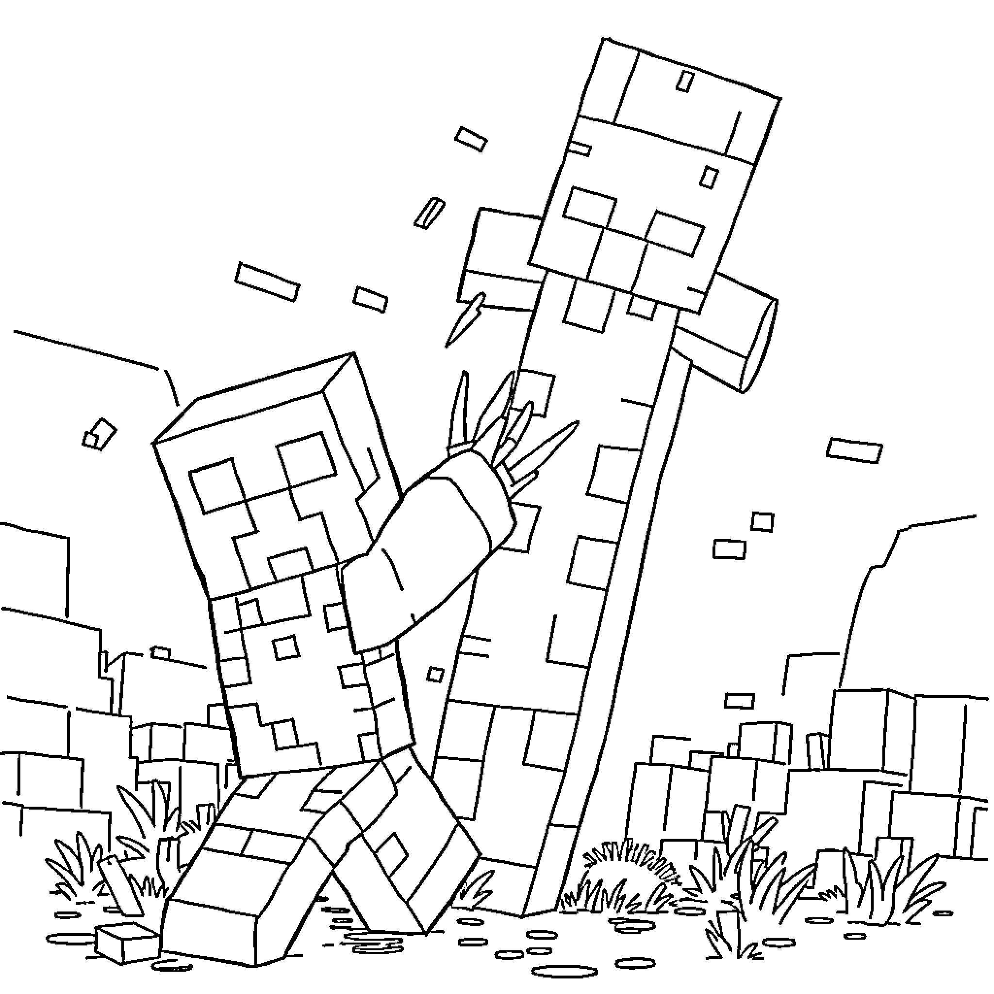 Creeper attacking player in blocky game world Coloring Page (free black-and-white line drawing printable PDF for all, from beginners to advanced learners, including children, teens, adults, and seniors)