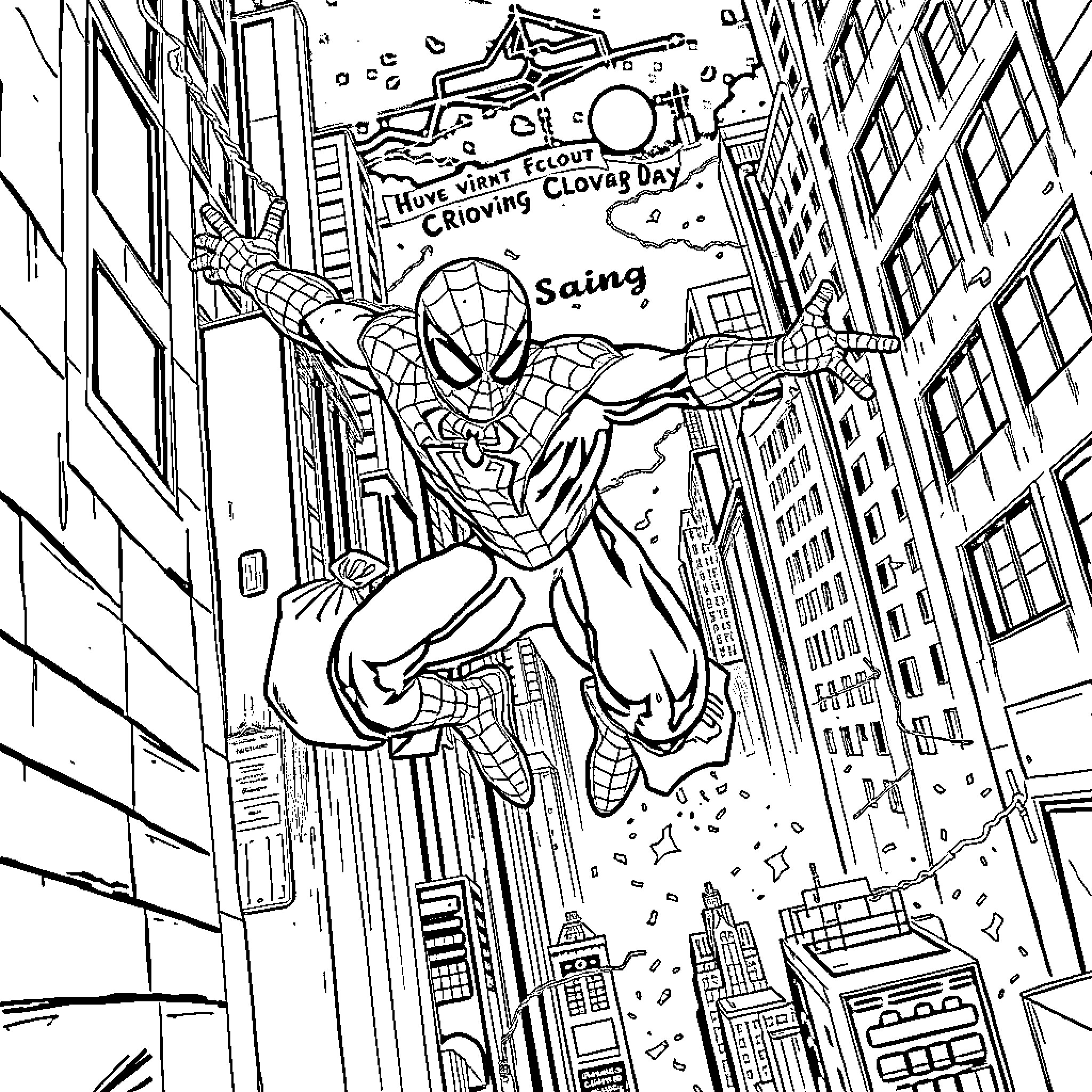 Spiderman swinging through the city skyline Coloring Page (free black-and-white line drawing printable PDF for all, from beginners to advanced learners, including children, teens, adults, and seniors)