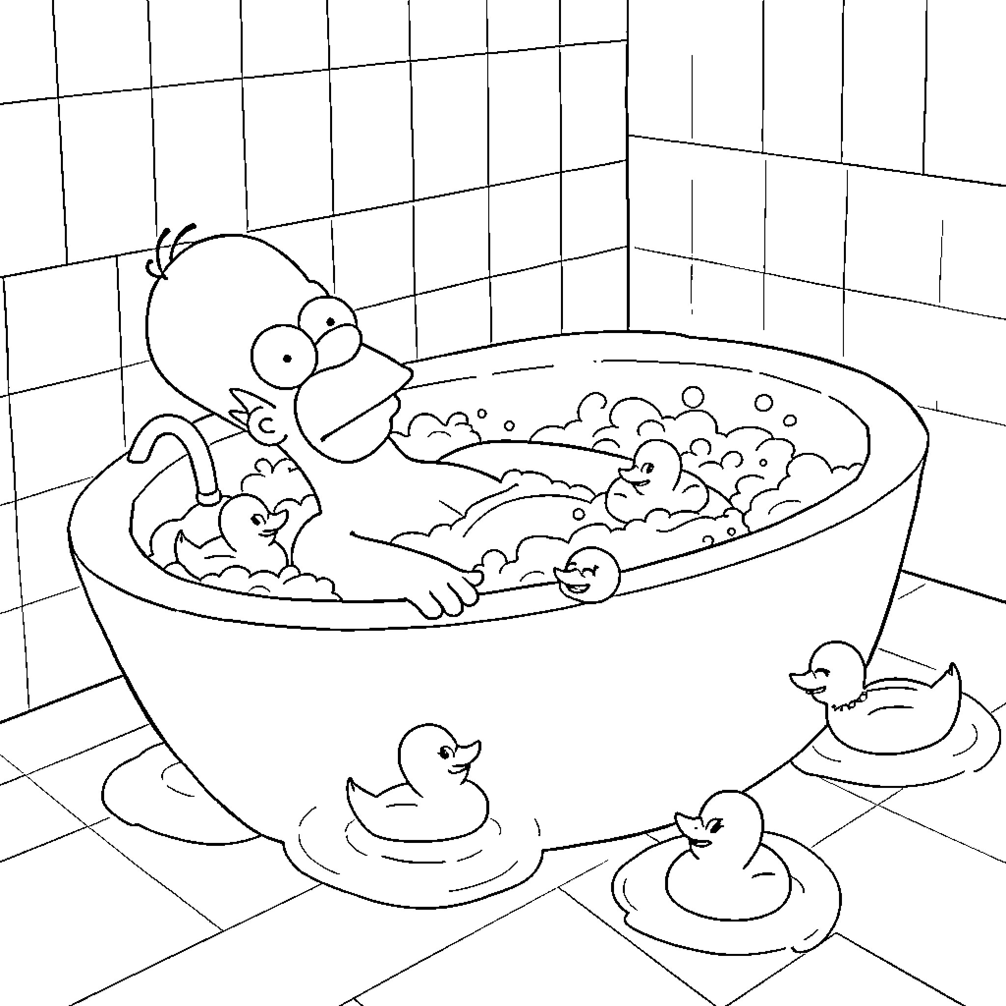 Homer Simpson relaxing in a bubble bath with ducks Coloring Page (free black-and-white line drawing printable PDF for all, from beginners to advanced learners, including children, teens, adults, and seniors)