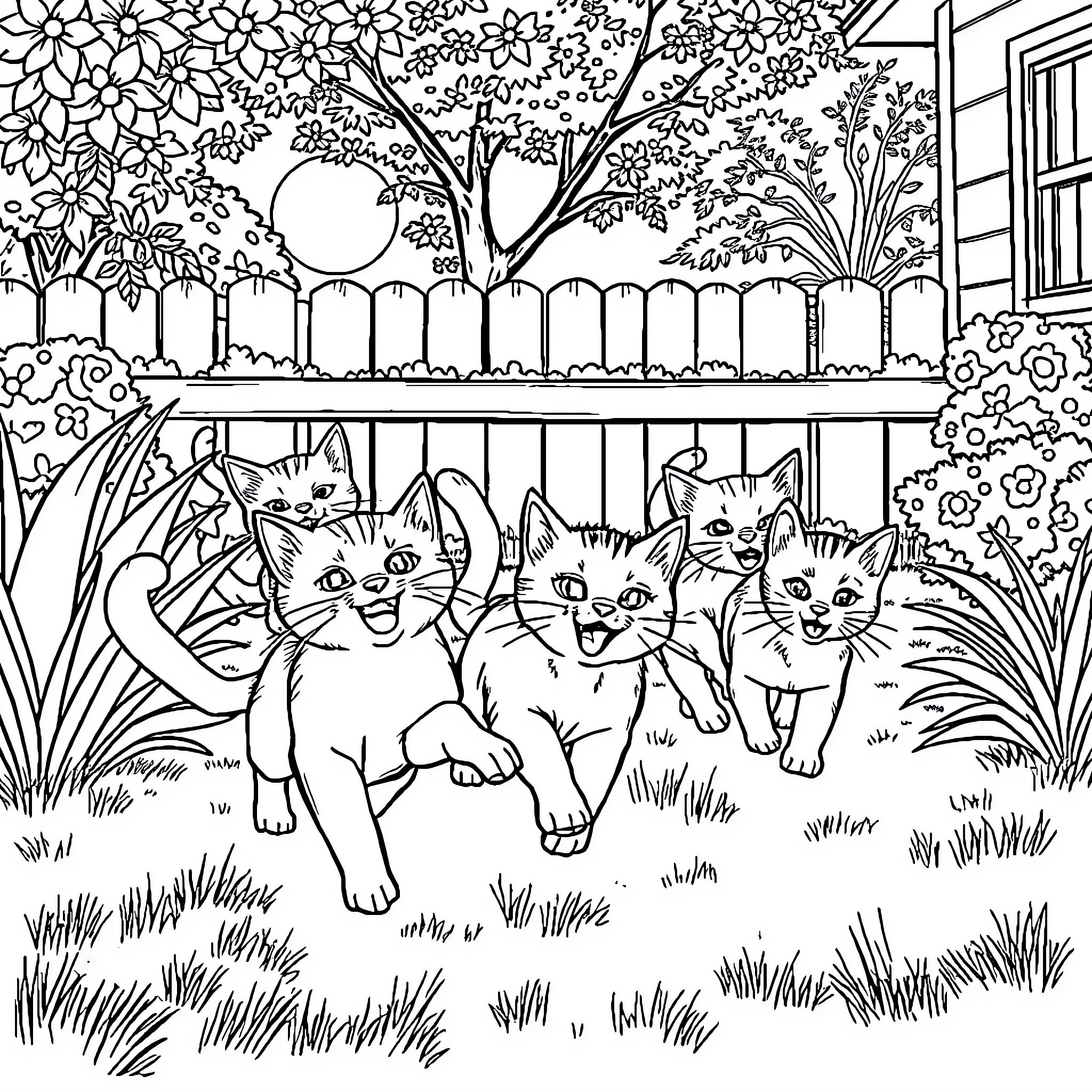 Cats playing in the garden Coloring Page (free black-and-white line drawing printable PDF for all, from beginners to advanced learners, including children, teens, adults, and seniors)