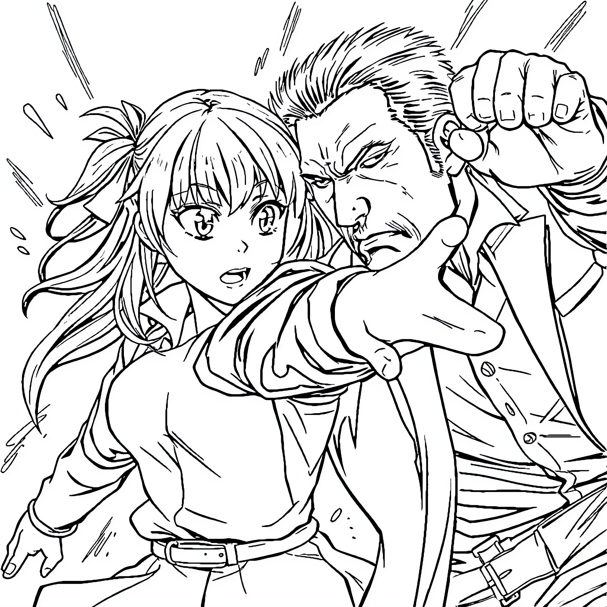 Anime Girl in Intense Battle with Fierce Warrior Coloring Page (free black-and-white line drawing printable PDF for all, from beginners to advanced learners, including children, teens, adults, and seniors)