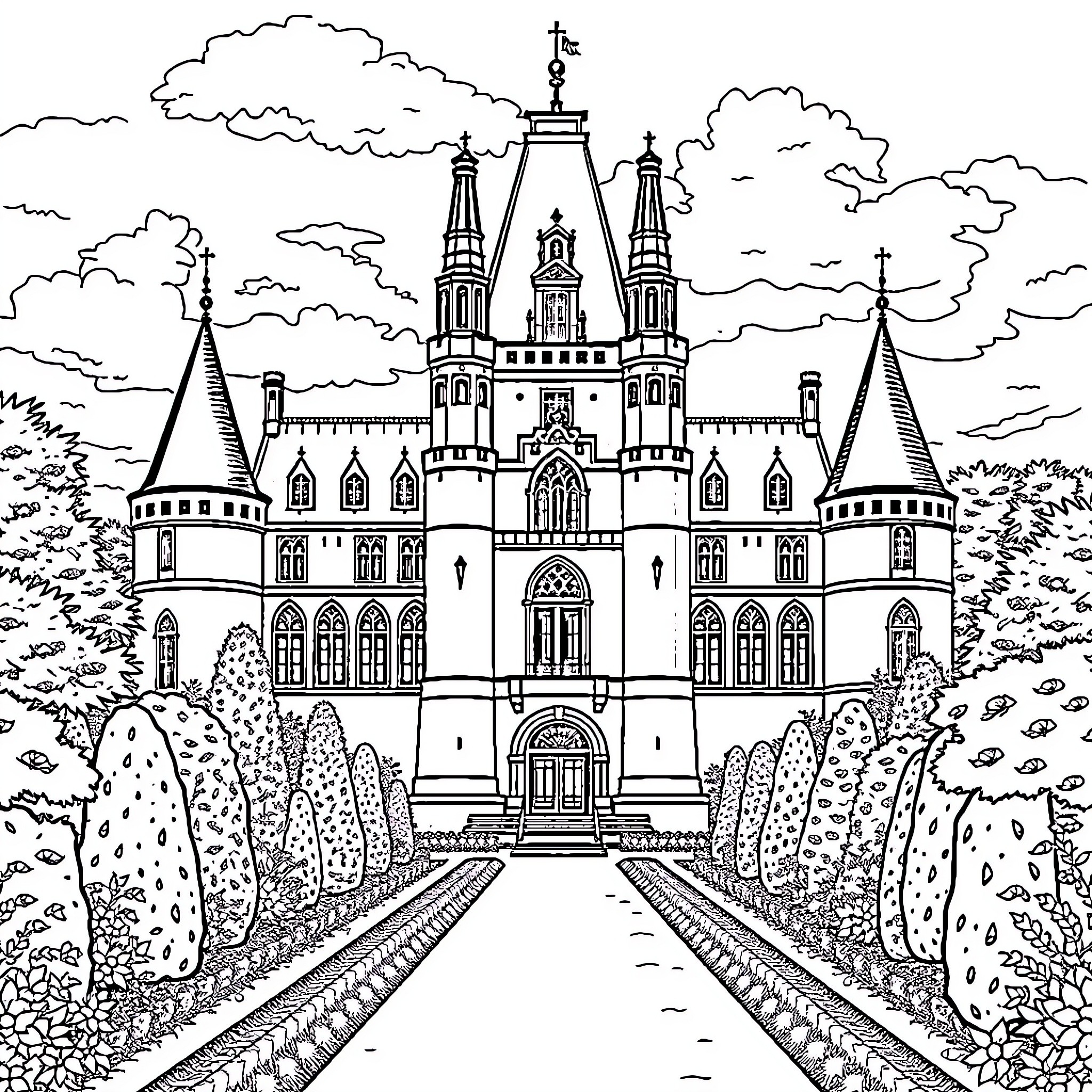 Château of grandeur and elegance amidst lush landscapes Coloring Page (free black-and-white line drawing printable PDF for all, from beginners to advanced learners, including children, teens, adults, and seniors)