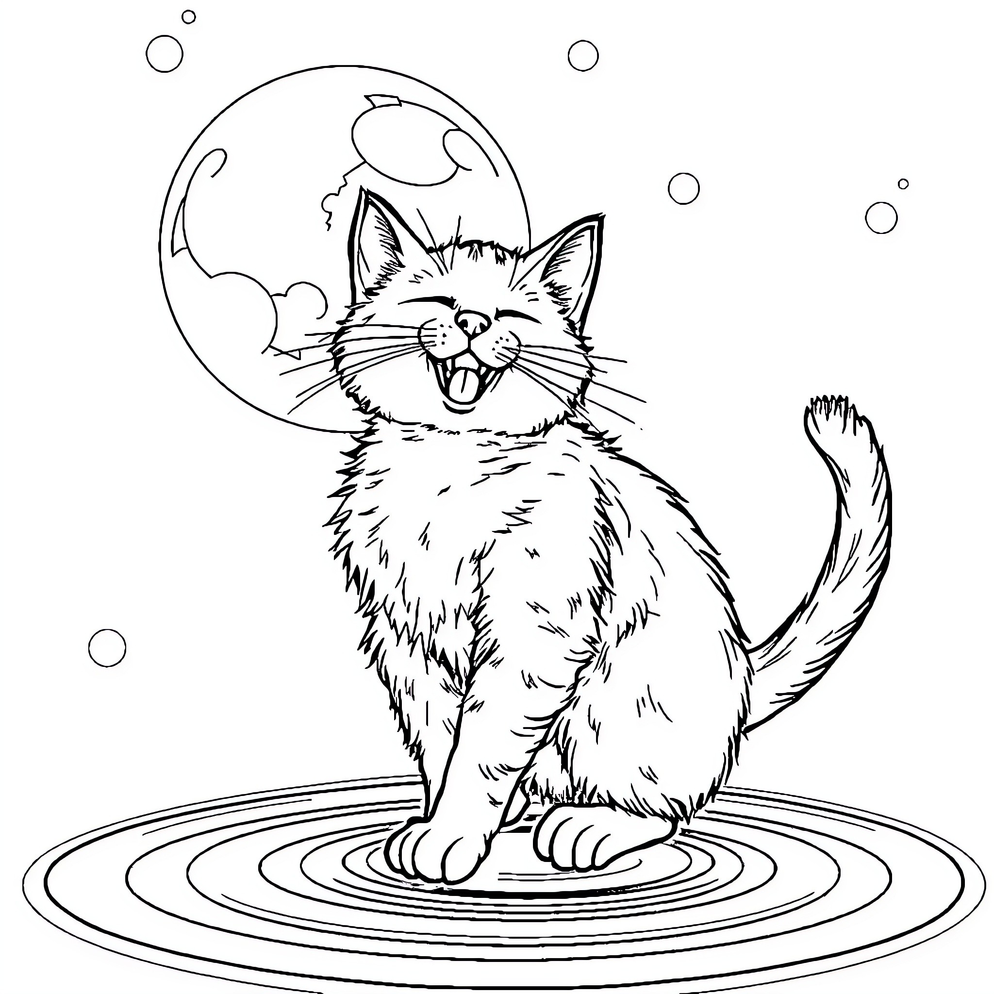 Cat playing with bubbles in a surreal environment Coloring Page (free black-and-white line drawing printable PDF for all, from beginners to advanced learners, including children, teens, adults, and seniors)