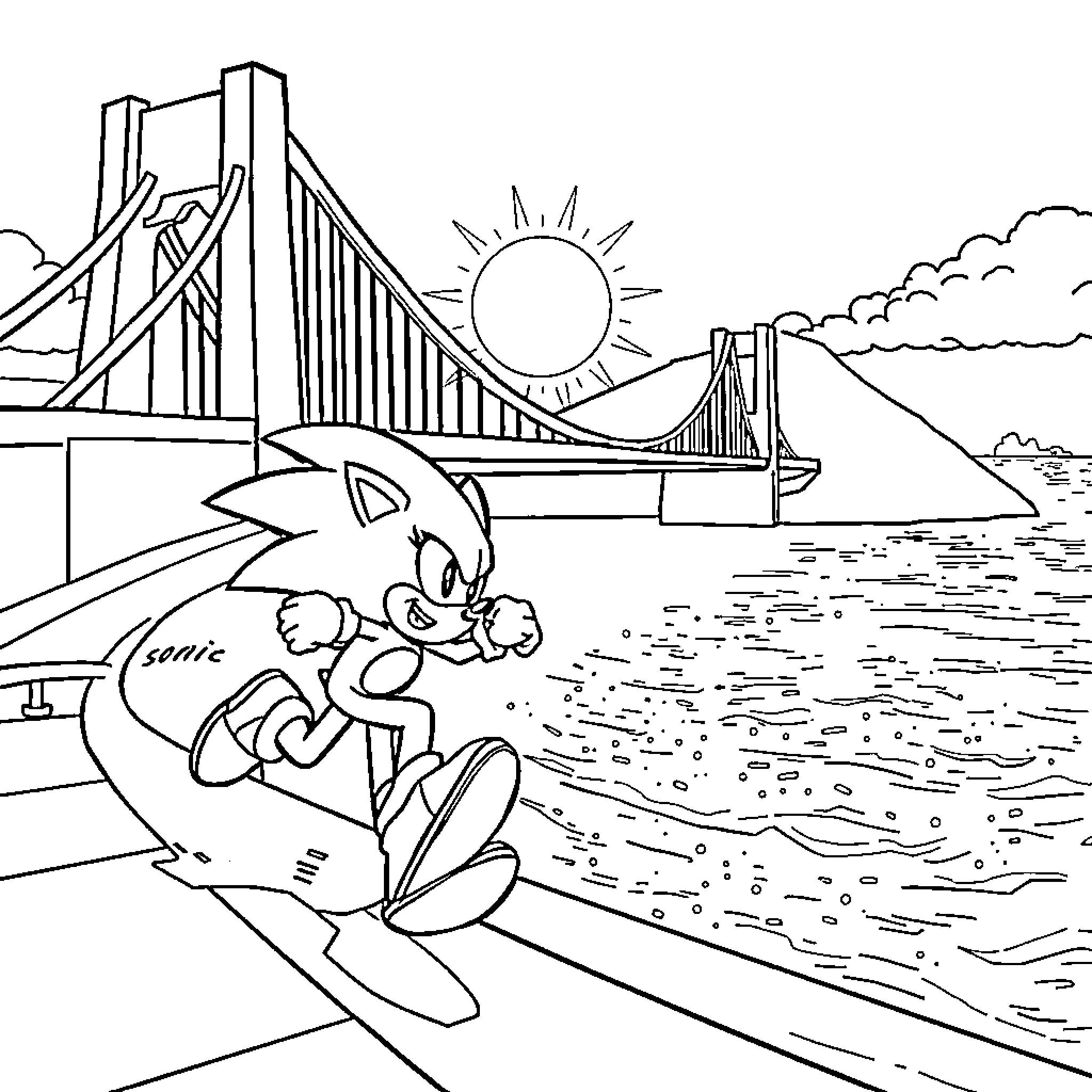 Sonic speeding across the scenic bridge Coloring Page (free black-and-white line drawing printable PDF for all, from beginners to advanced learners, including children, teens, adults, and seniors)