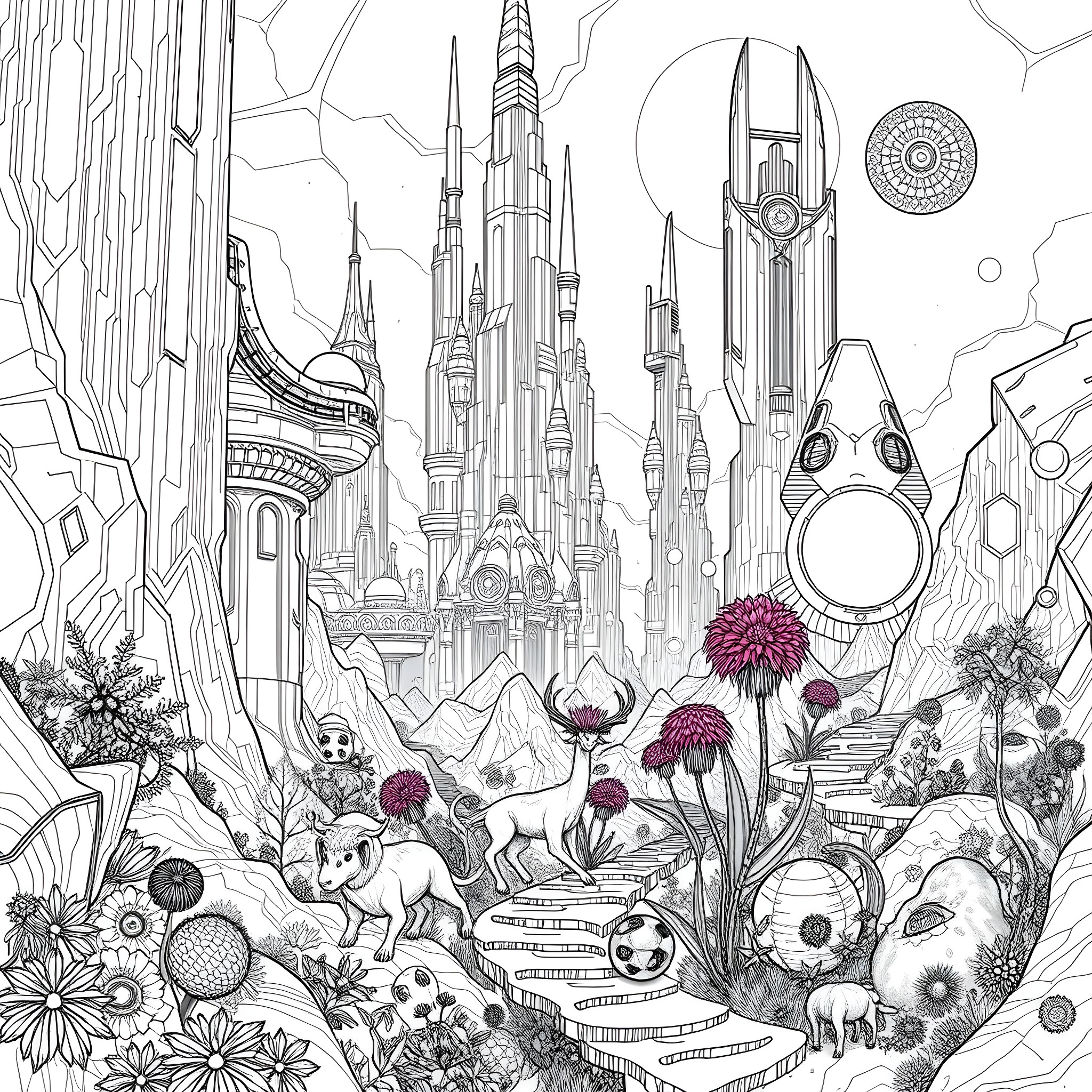 World of Futuristic Sci-Fi Architecture and Nature Coloring Page (free black-and-white line drawing printable PDF for all, from beginners to advanced learners, including children, teens, adults, and seniors)