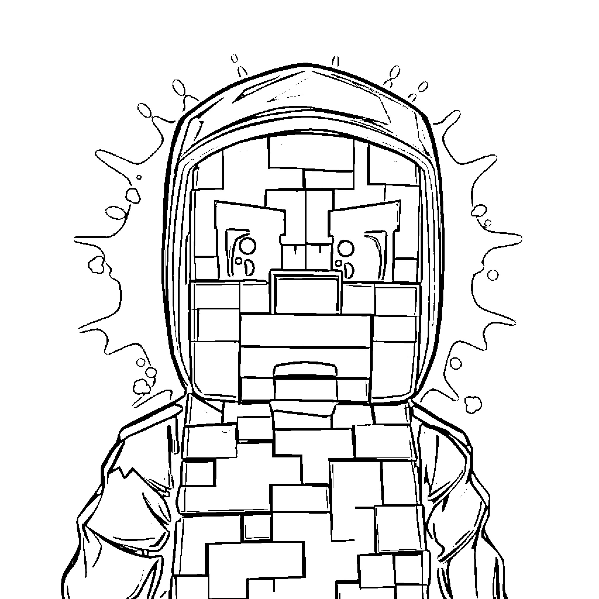Creeper emerging from a pixelated environment Coloring Page (free black-and-white line drawing printable PDF for all, from beginners to advanced learners, including children, teens, adults, and seniors)