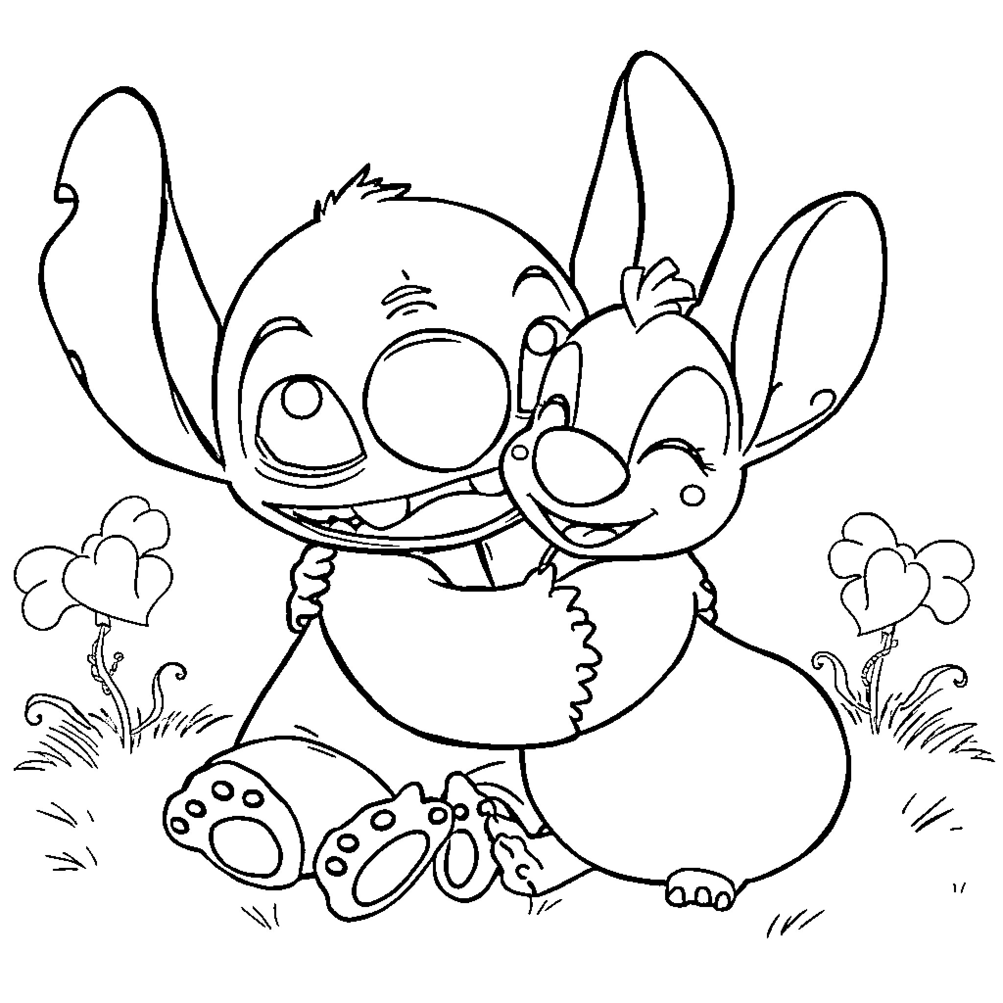 Stitch and Angel enjoying nature Coloring Page (free black-and-white line drawing printable PDF for all, from beginners to advanced learners, including children, teens, adults, and seniors)