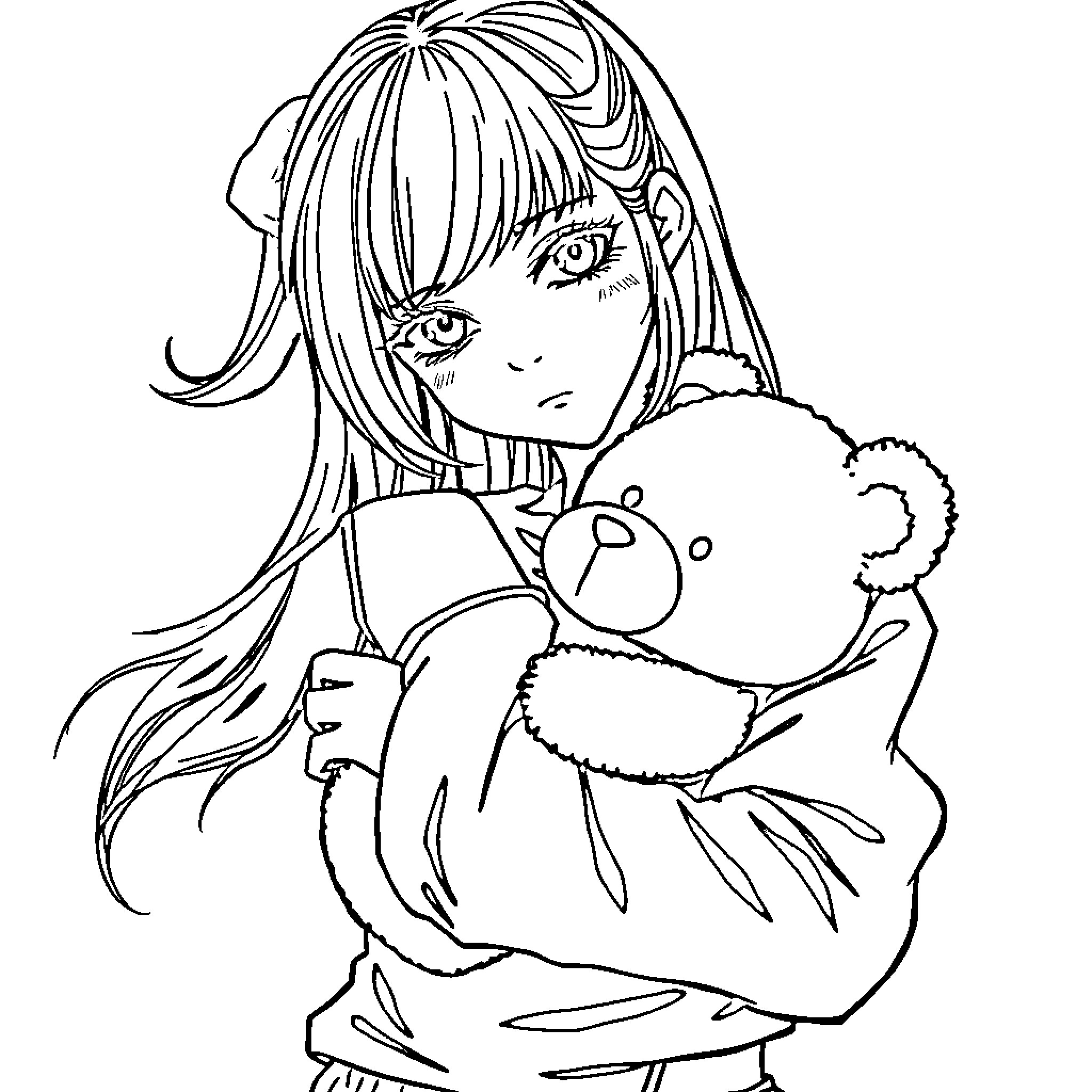 Goth Girl Cuddling Plush Toy Affectionately Coloring Page (free black-and-white line drawing printable PDF for all, from beginners to advanced learners, including children, teens, adults, and seniors)