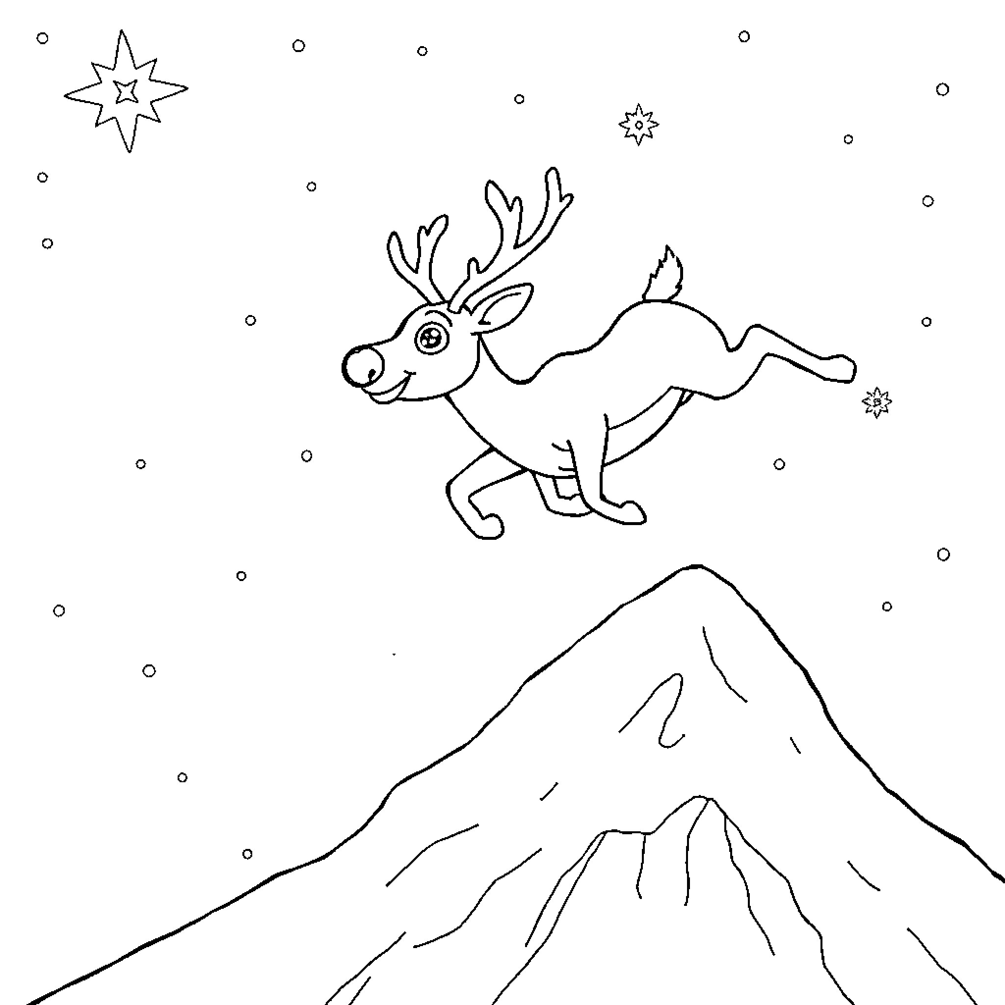 Rudolph sprinting through the snowy landscape Coloring Page (free black-and-white line drawing printable PDF for all, from beginners to advanced learners, including children, teens, adults, and seniors)