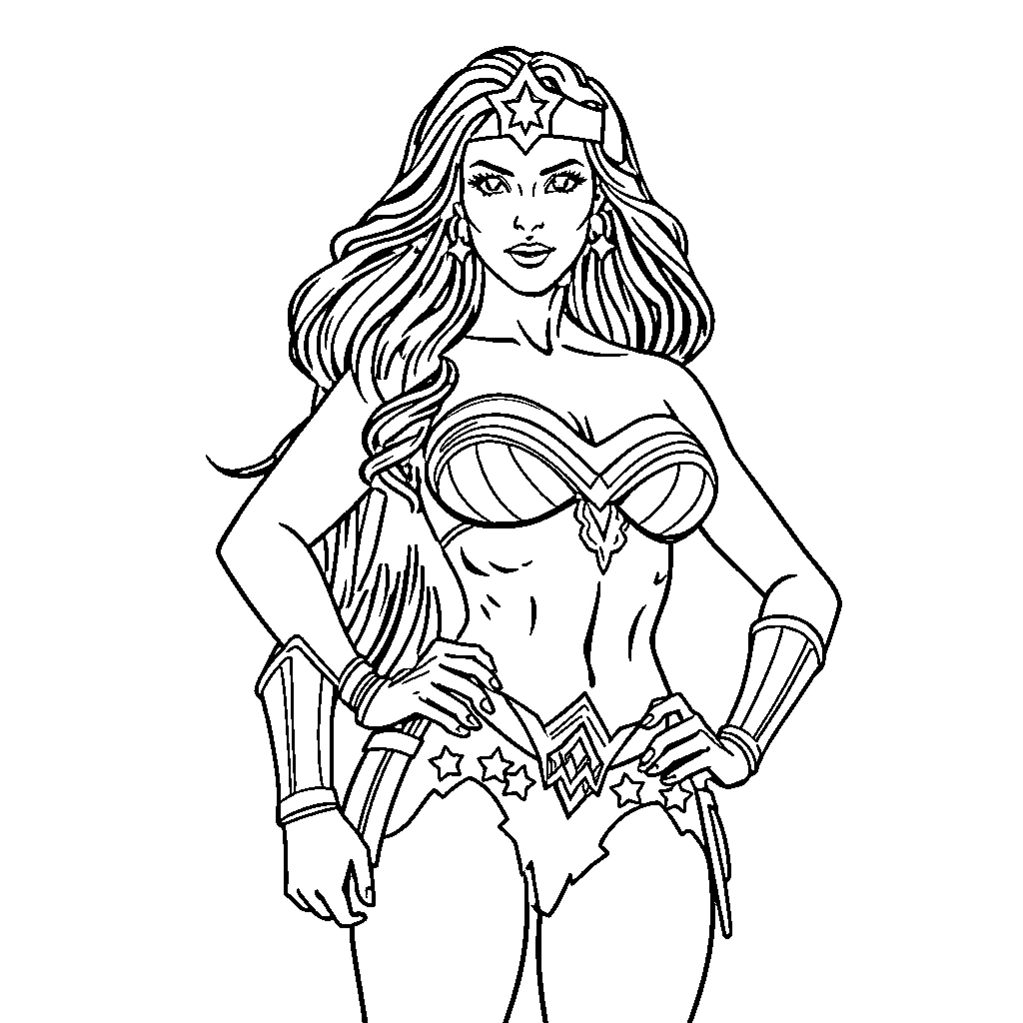 Wonder Woman in heroic stance with iconic outfit Coloring Page (free black-and-white line drawing printable PDF for all, from beginners to advanced learners, including children, teens, adults, and seniors)