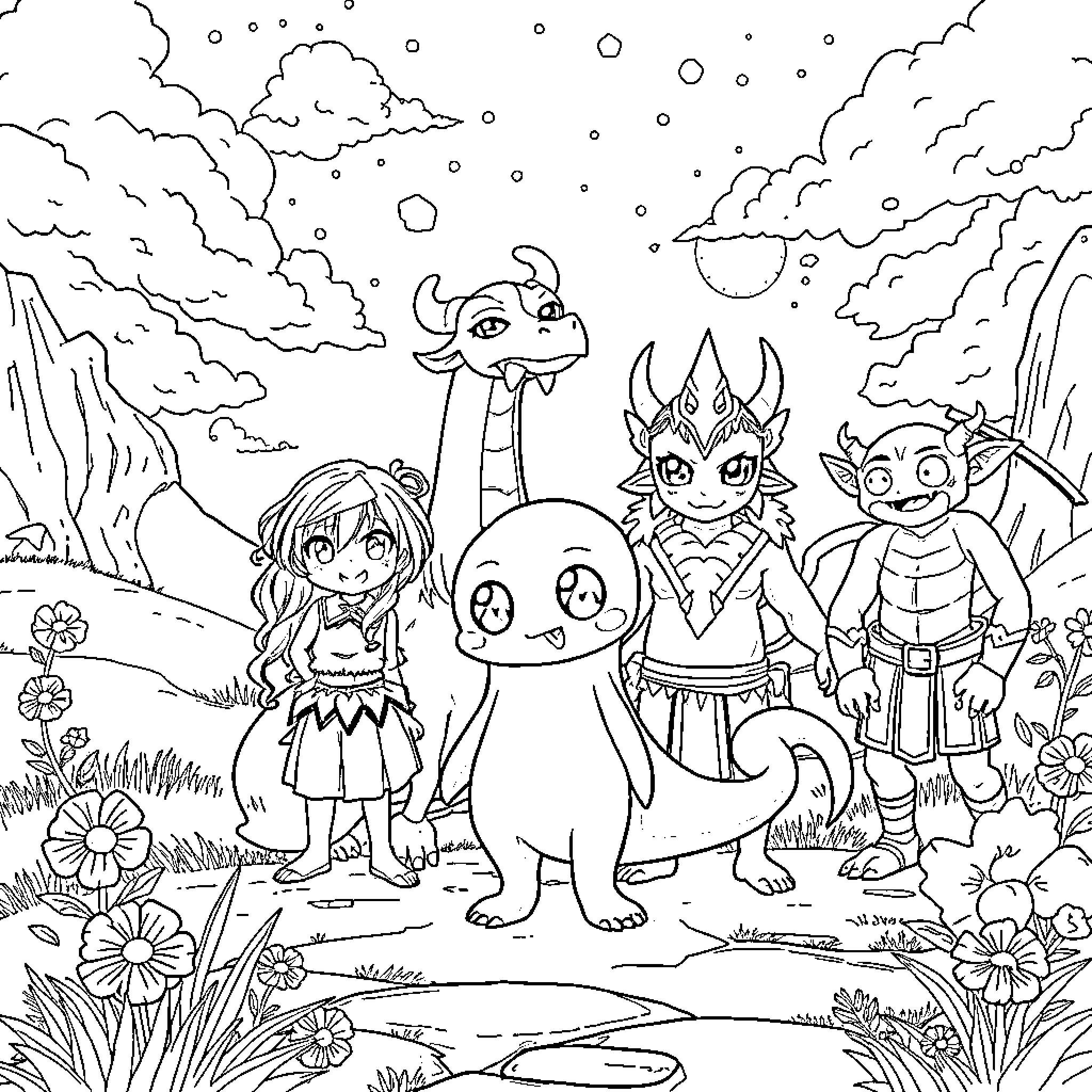 Reincarnated Slime and Companions Explore Fantasy World Coloring Page (free black-and-white line drawing printable PDF for all, from beginners to advanced learners, including children, teens, adults, and seniors)