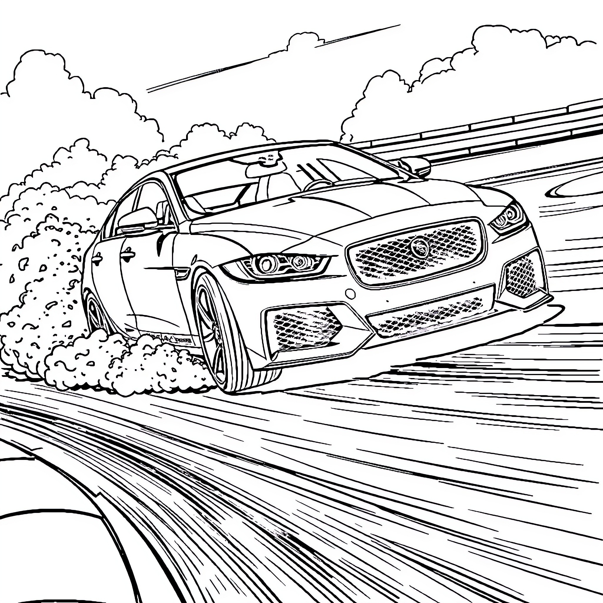 Jaguar sports car speeding on the highway Coloring Page (free black-and-white line drawing printable PDF for all, from beginners to advanced learners, including children, teens, adults, and seniors)