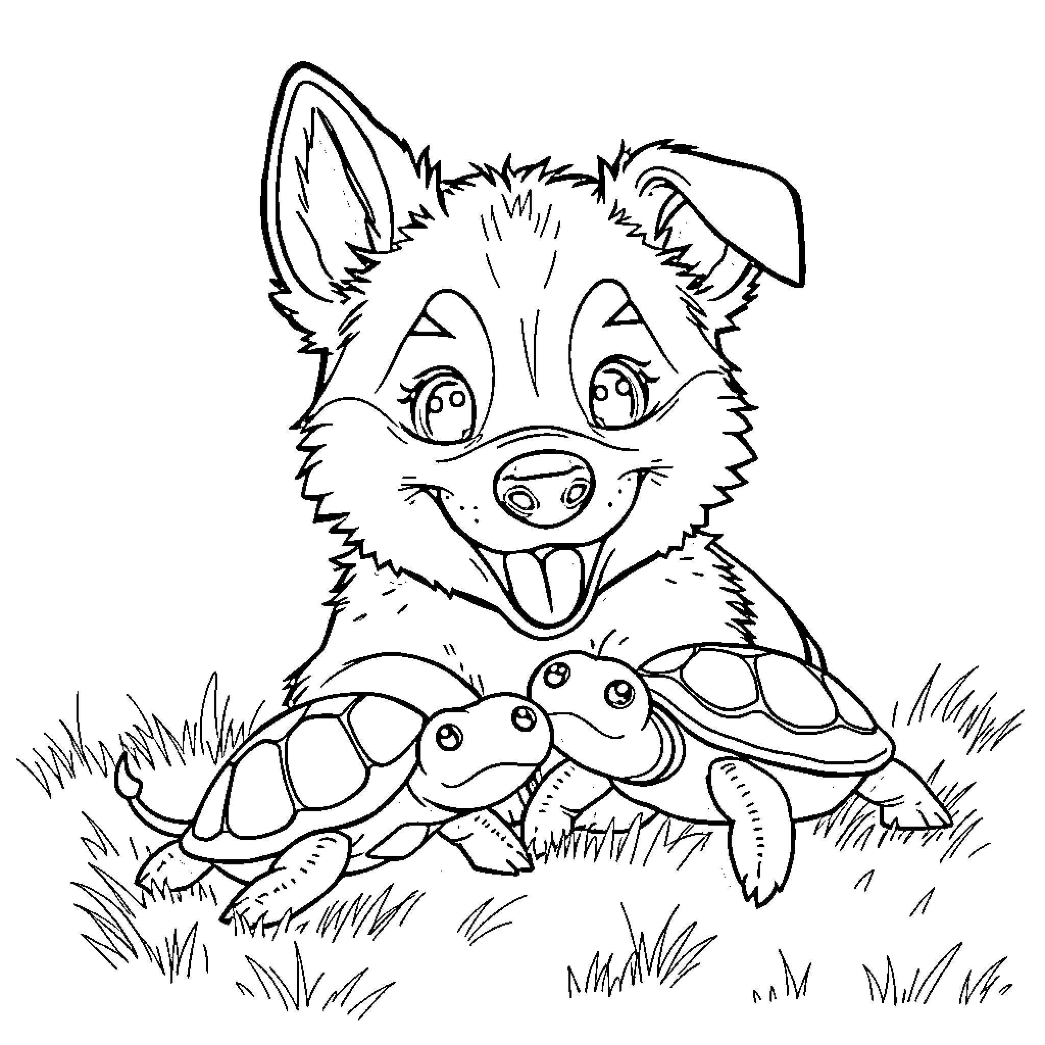 Dog playing with turtle in the grass Coloring Page (free black-and-white line drawing printable PDF for all, from beginners to advanced learners, including children, teens, adults, and seniors)