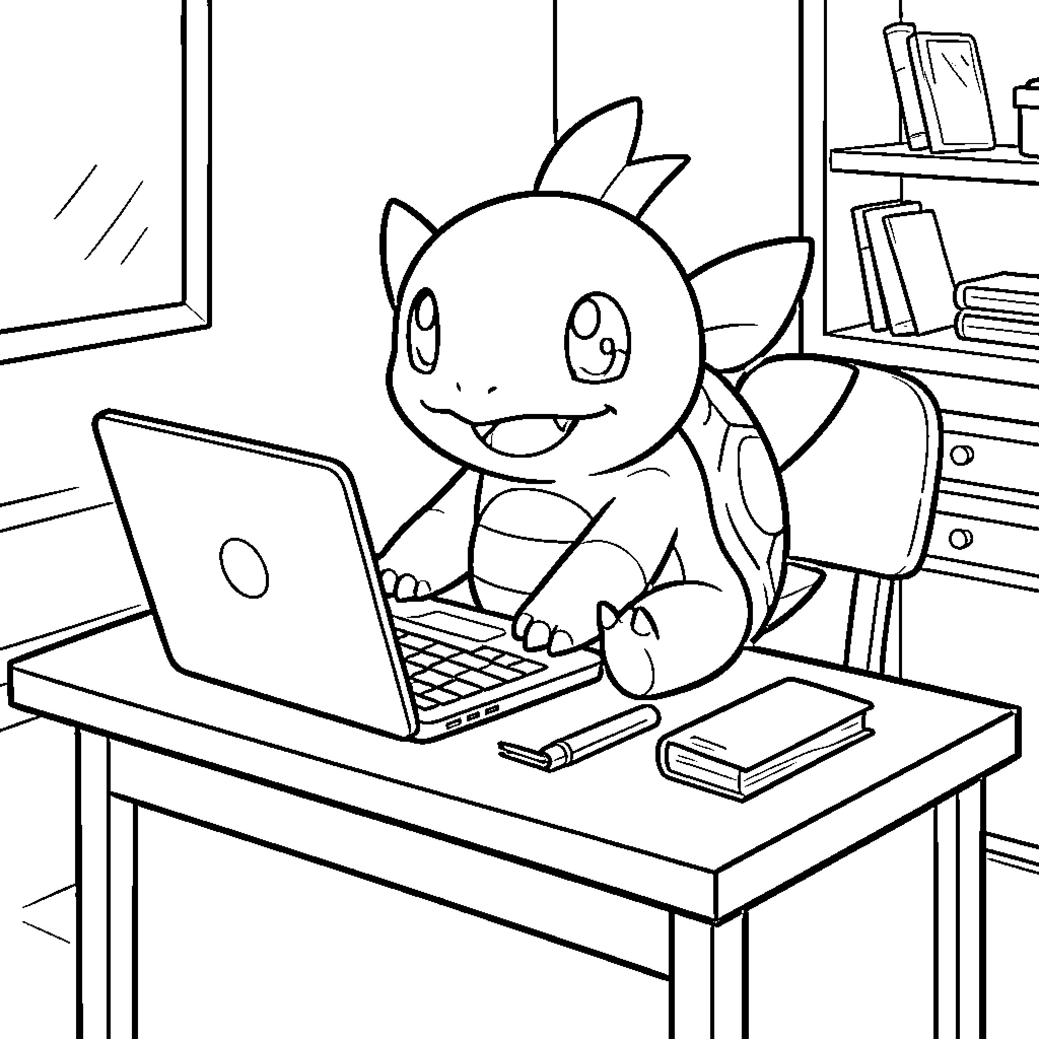 Squirtle working on a laptop in a cozy study Coloring Page (free black-and-white line drawing printable PDF for all, from beginners to advanced learners, including children, teens, adults, and seniors)