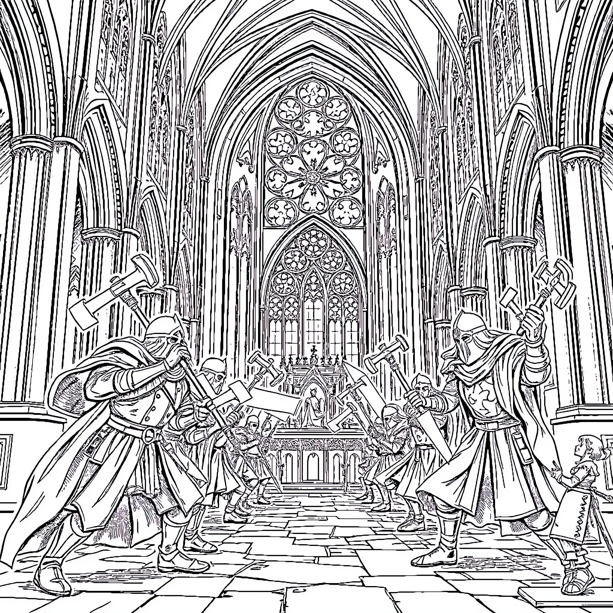 Warhammer Battle in a Gothic Cathedral Coloring Page (free black-and-white line drawing printable PDF for all, from beginners to advanced learners, including children, teens, adults, and seniors)
