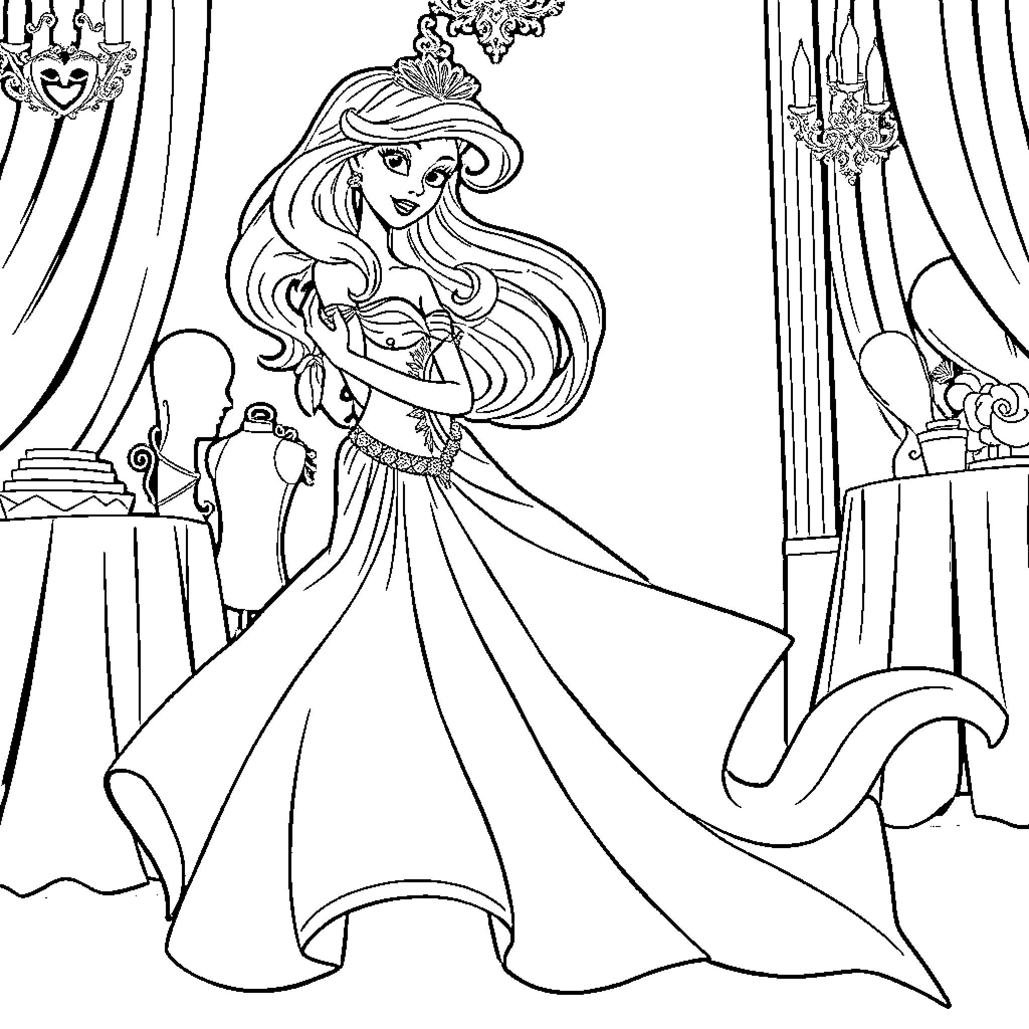 Ariel's grand ballroom dance performance Coloring Page (free black-and-white line drawing printable PDF for all, from beginners to advanced learners, including children, teens, adults, and seniors)