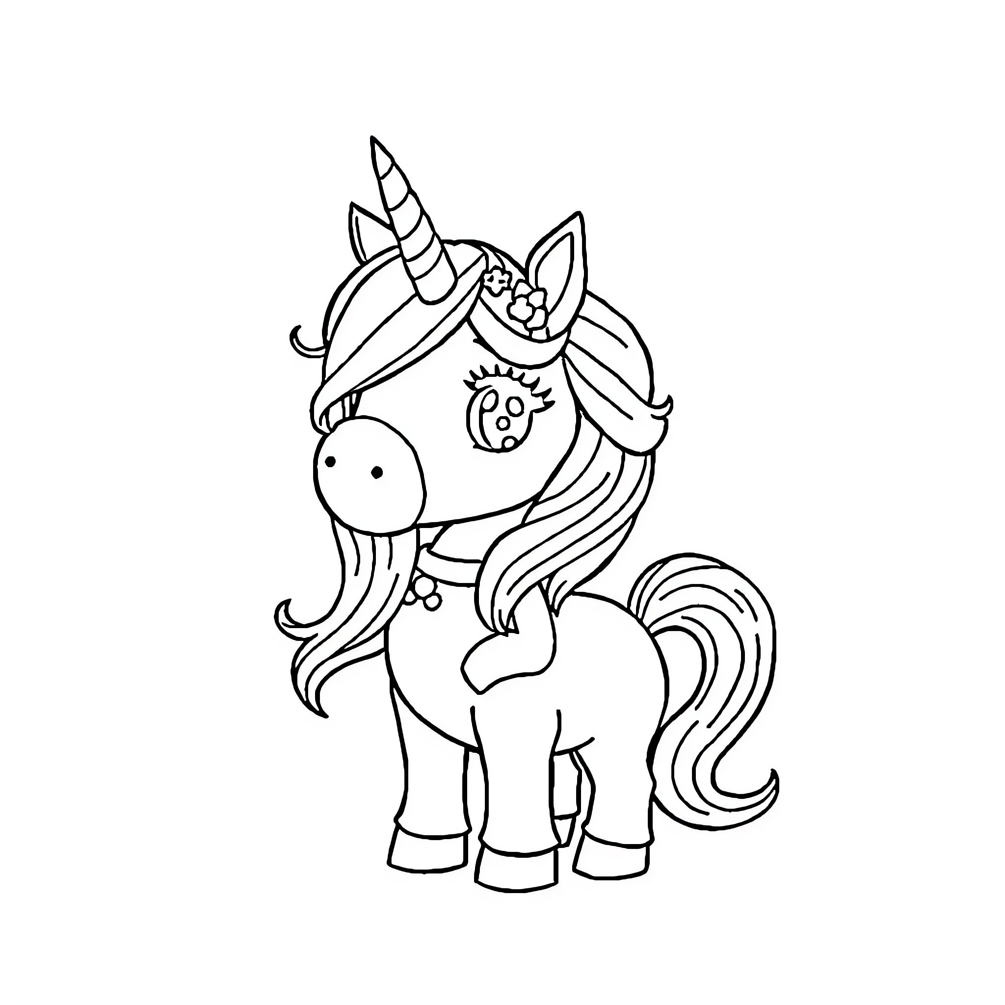 Unicorn with decorative horn and mane Coloring Page (free black-and-white line drawing printable PDF for all, from beginners to advanced learners, including children, teens, adults, and seniors)