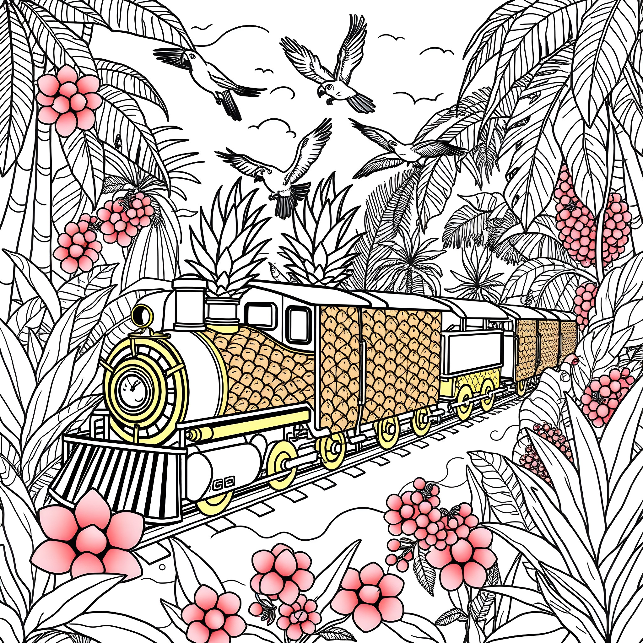 Pineapple train journeying through lush tropical scenery Coloring Page (free black-and-white line drawing printable PDF for all, from beginners to advanced learners, including children, teens, adults, and seniors)