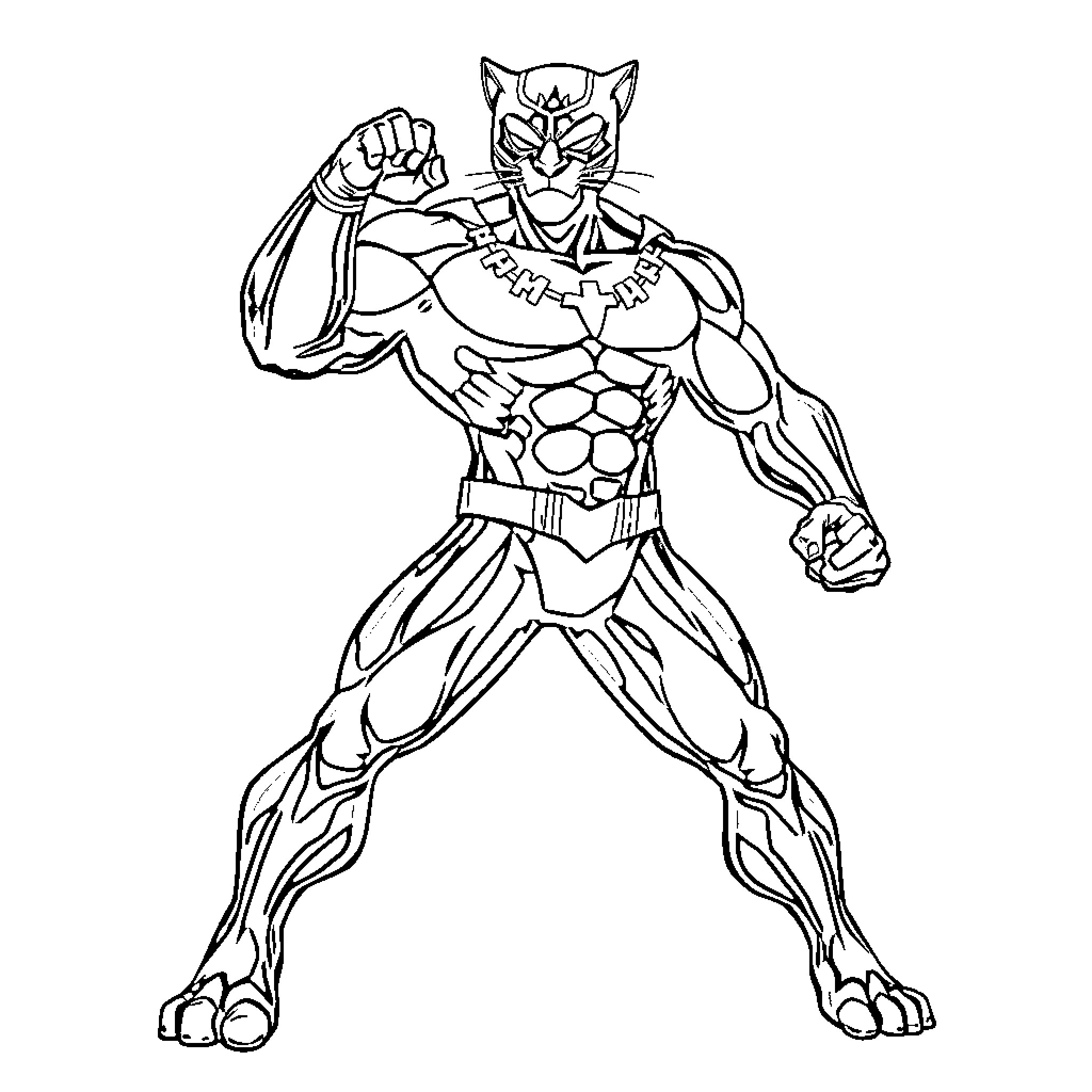 Panther superhero in action pose Coloring Page (free black-and-white line drawing printable PDF for all, from beginners to advanced learners, including children, teens, adults, and seniors)