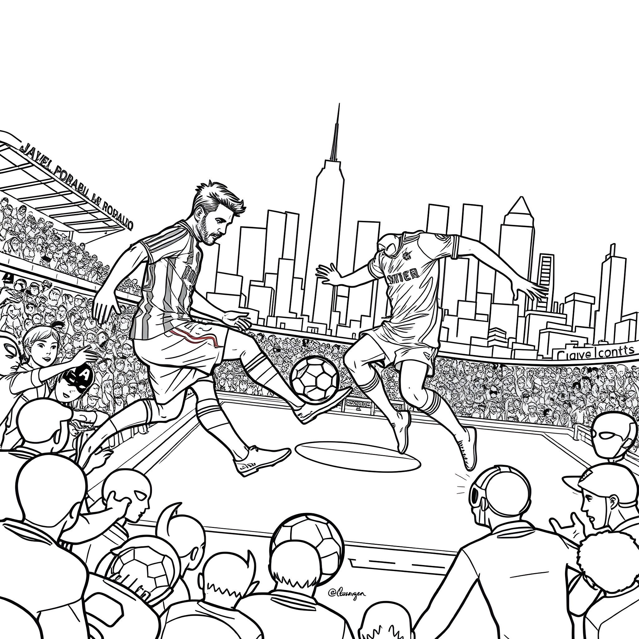 Soccer players competing in a city stadium Coloring Page (free black-and-white line drawing printable PDF for all, from beginners to advanced learners, including children, teens, adults, and seniors)