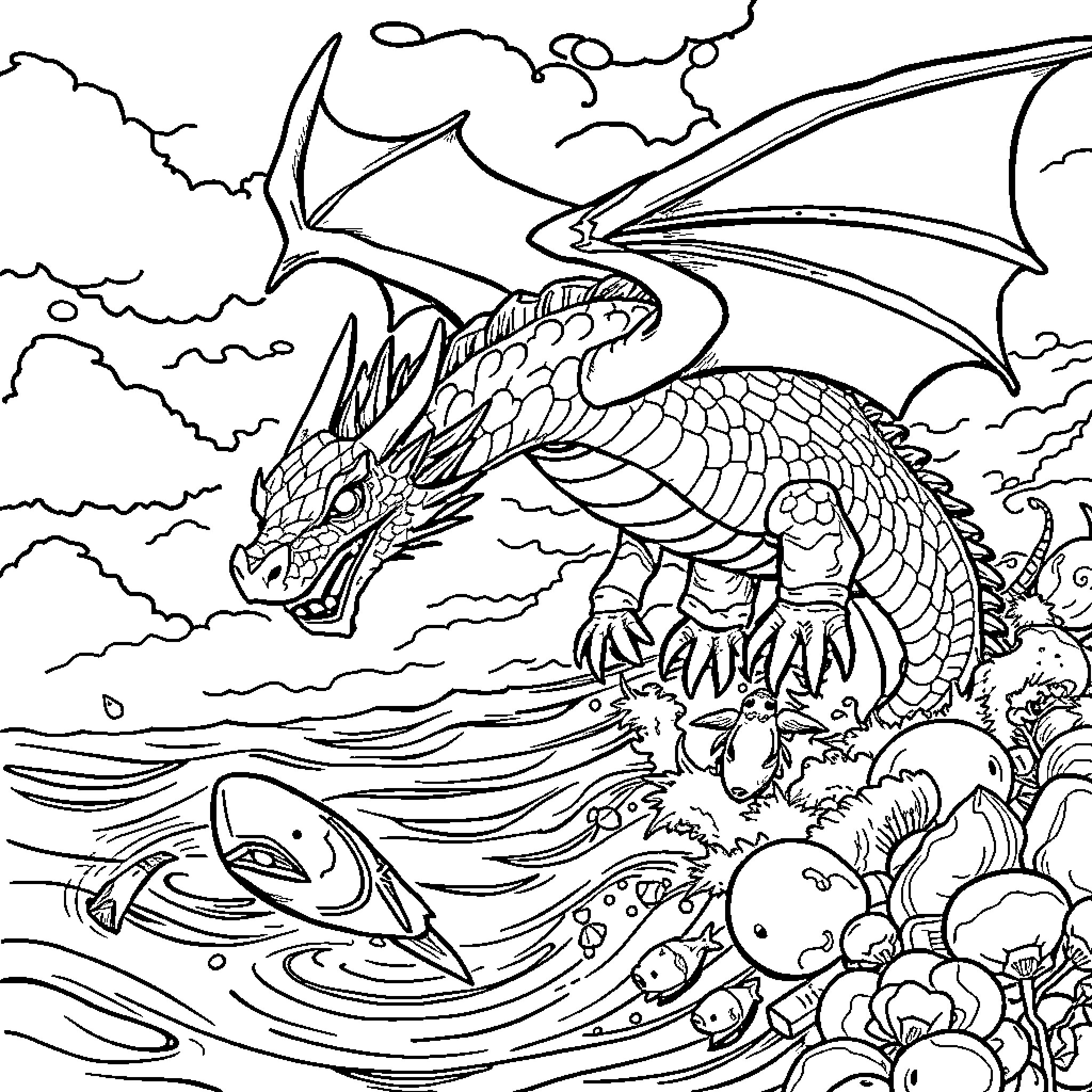Dragon emerging from the stormy seas Coloring Page (free black-and-white line drawing printable PDF for all, from beginners to advanced learners, including children, teens, adults, and seniors)