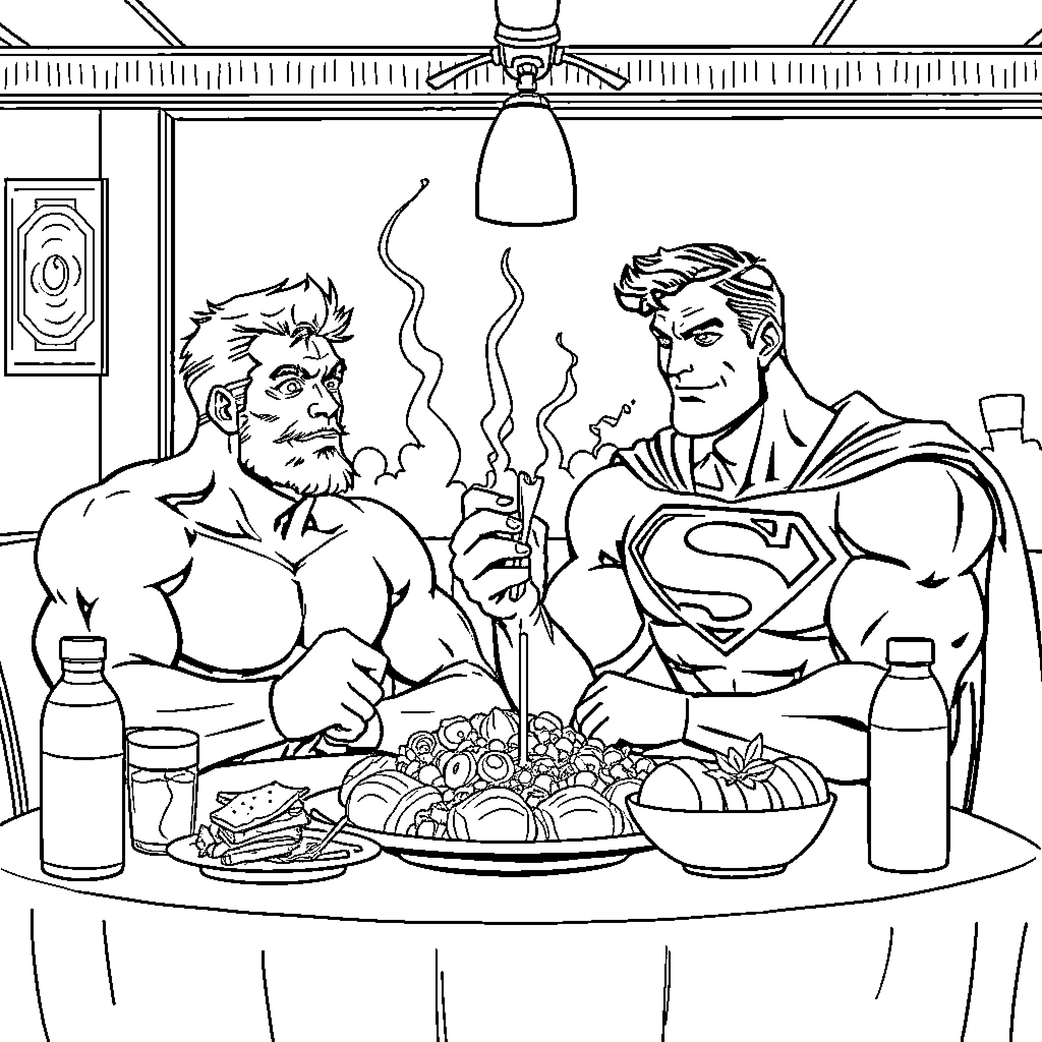 Macho Men Enjoying Hearty Meal in Dining Room Coloring Page (free black-and-white line drawing printable PDF for all, from beginners to advanced learners, including children, teens, adults, and seniors)