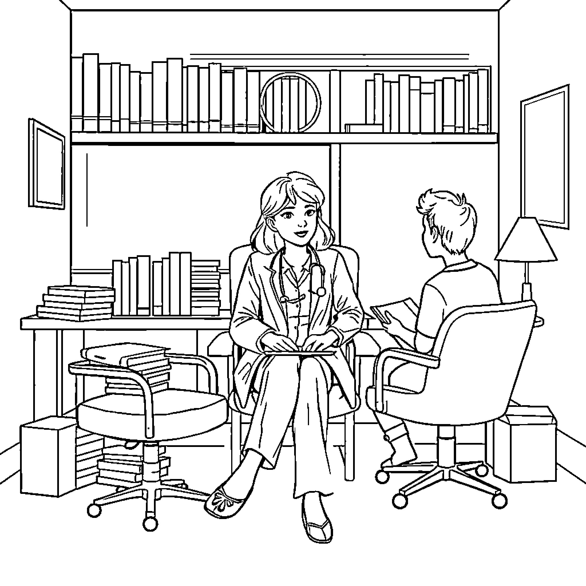 Psychologist discussing with client in office Coloring Page (free black-and-white line drawing printable PDF for all, from beginners to advanced learners, including children, teens, adults, and seniors)