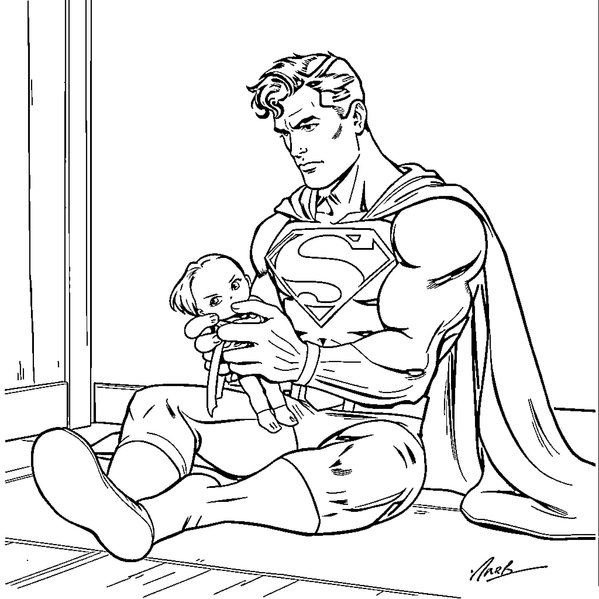 Superman sitting and holding a small doll Coloring Page (free black-and-white line drawing printable PDF for all, from beginners to advanced learners, including children, teens, adults, and seniors)
