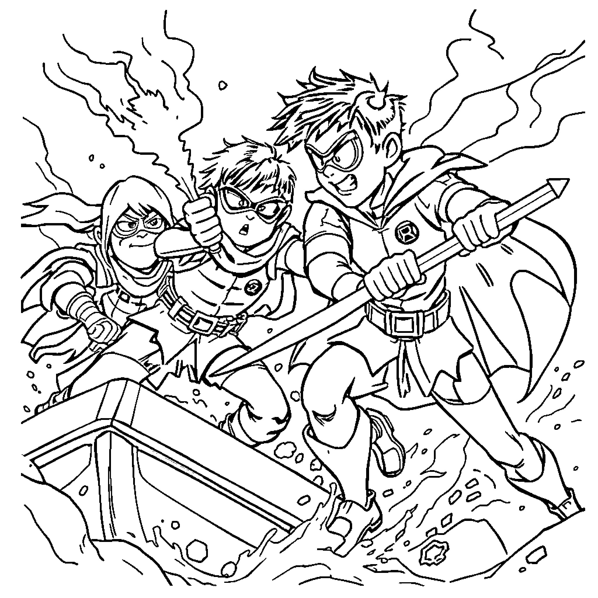 Robin and allies battling heroically Coloring Page (free black-and-white line drawing printable PDF for all, from beginners to advanced learners, including children, teens, adults, and seniors)