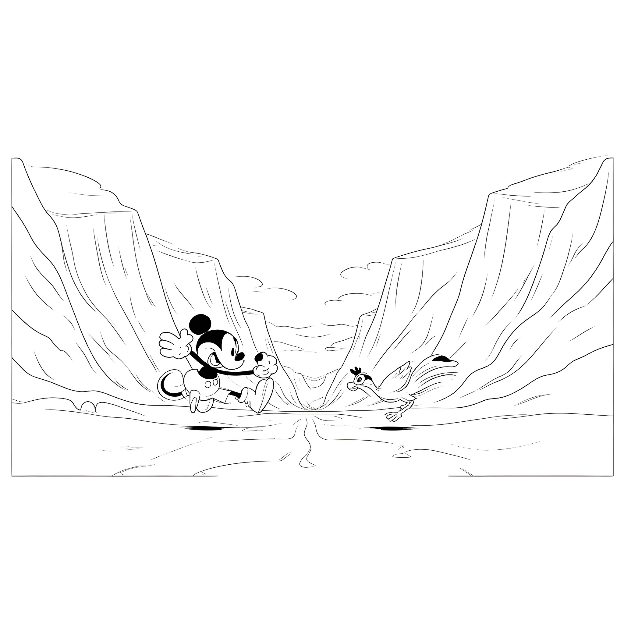 Mickey Mouse exploring the scenic landscape Coloring Page (free black-and-white line drawing printable PDF for all, from beginners to advanced learners, including children, teens, adults, and seniors)