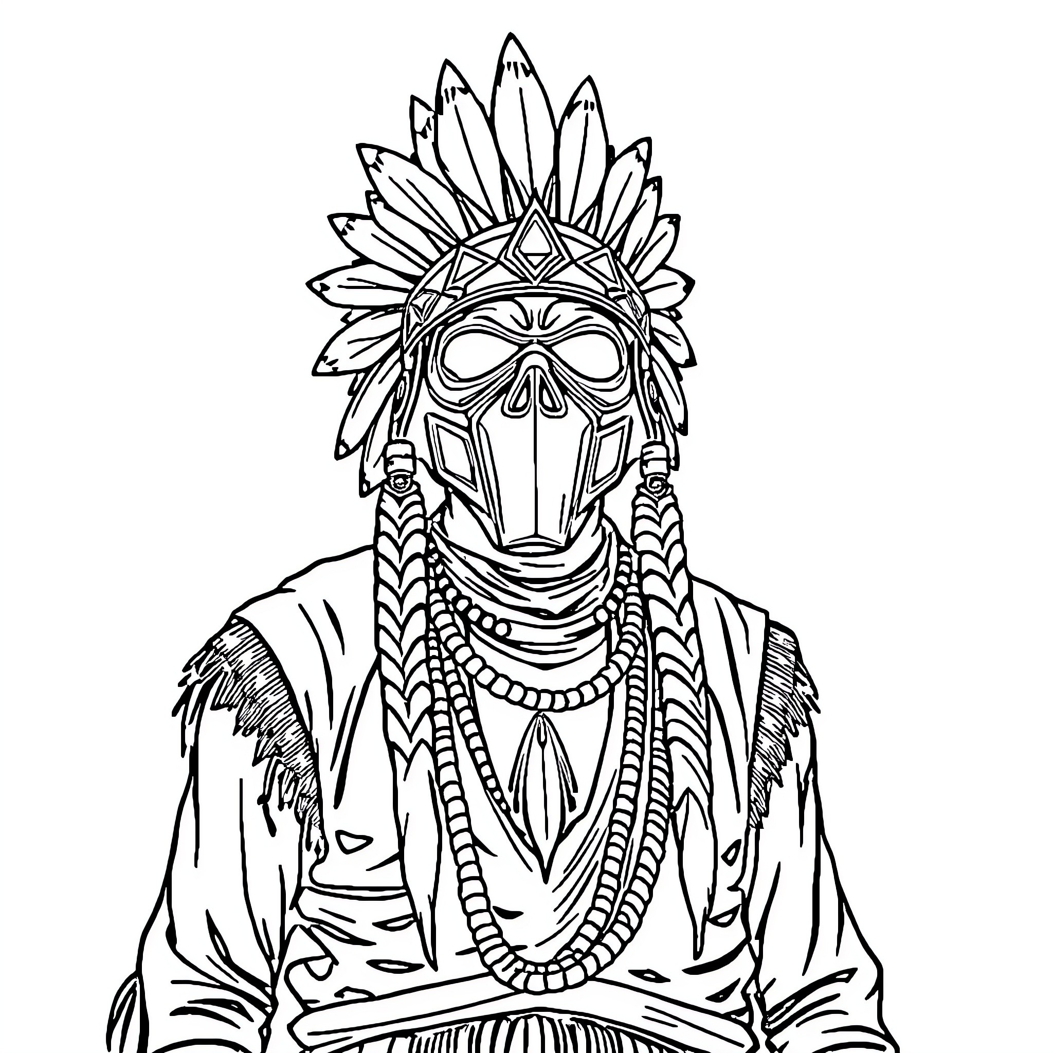 Navajo Warrior in Traditional Ceremonial Attire Coloring Page (free black-and-white line drawing printable PDF for all, from beginners to advanced learners, including children, teens, adults, and seniors)