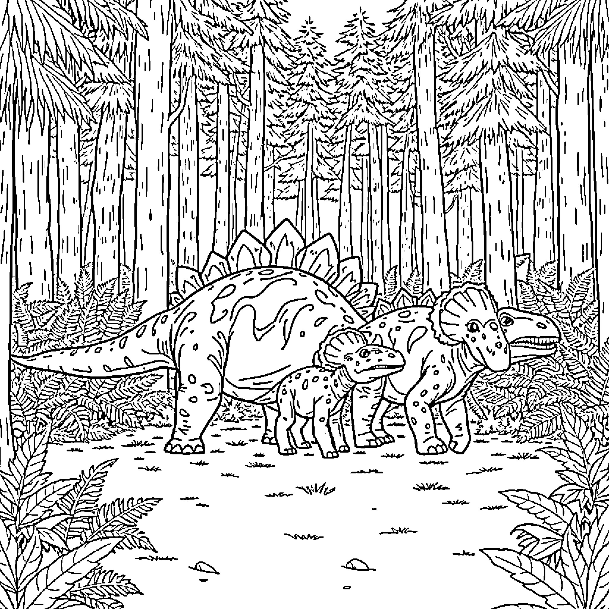 Ankylosaurus family exploring prehistoric forest Coloring Page (free black-and-white line drawing printable PDF for all, from beginners to advanced learners, including children, teens, adults, and seniors)