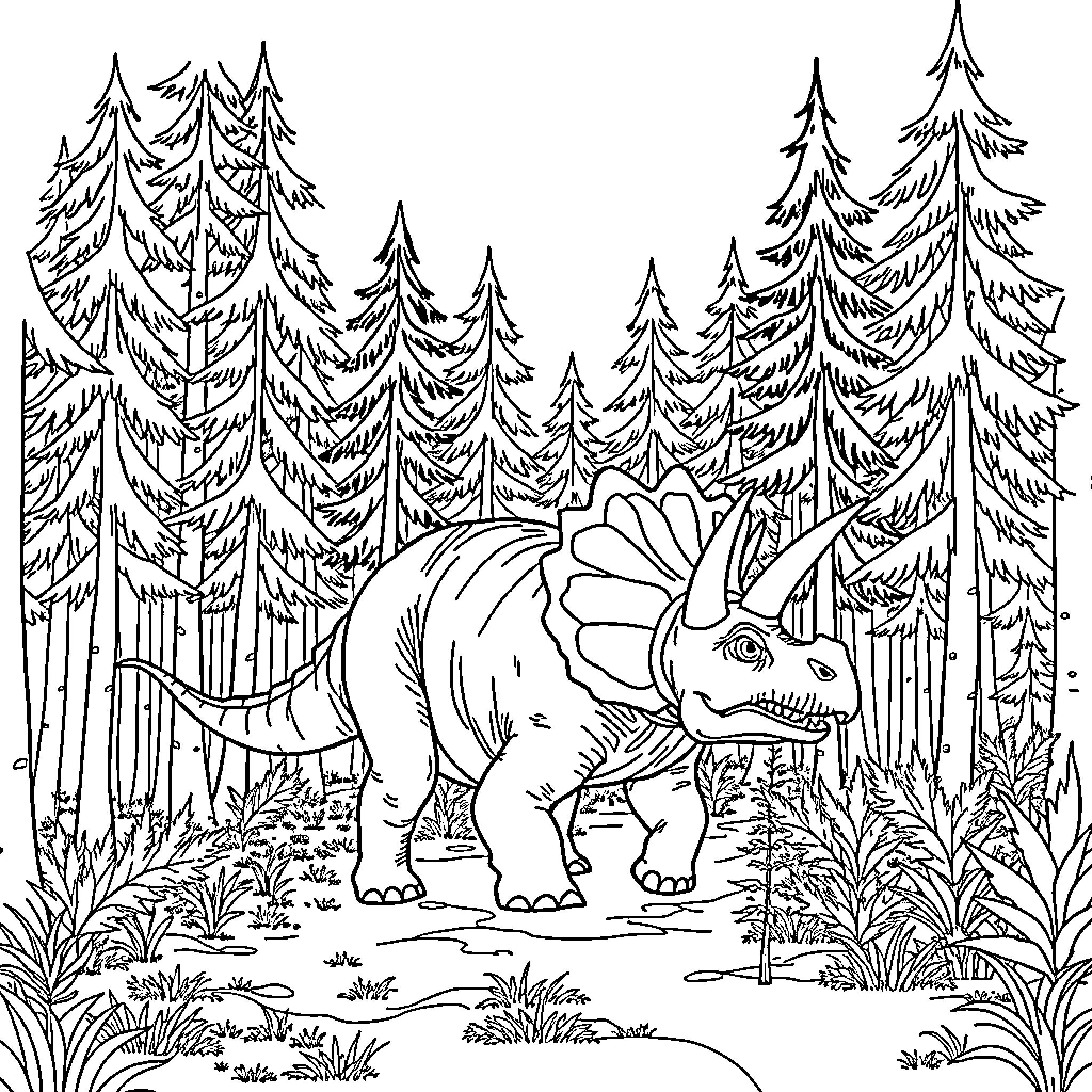 Triceratops exploring the prehistoric forest Coloring Page (free black-and-white line drawing printable PDF for all, from beginners to advanced learners, including children, teens, adults, and seniors)