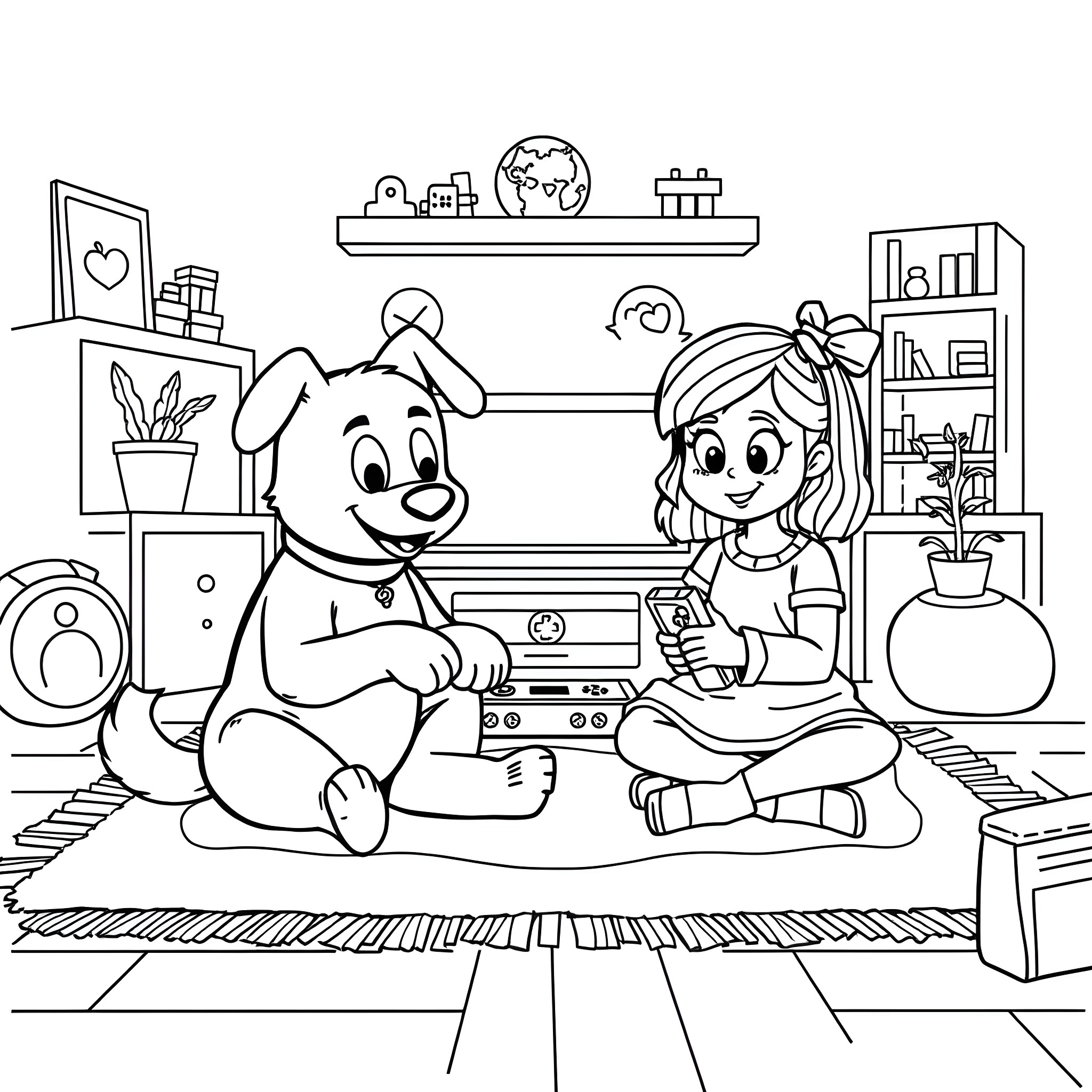 Bluey and friend playing in the room Coloring Page (free black-and-white line drawing printable PDF for all, from beginners to advanced learners, including children, teens, adults, and seniors)