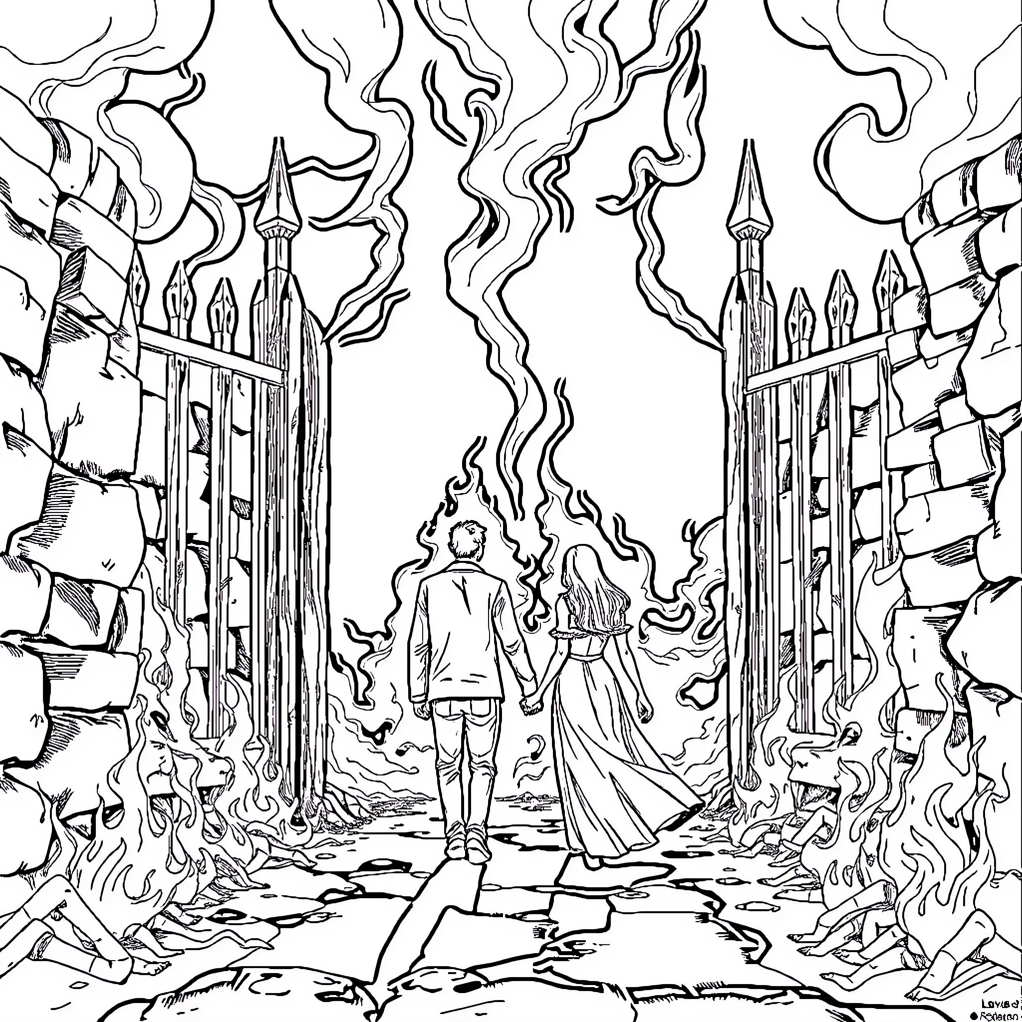 Couple facing mysterious castle amidst flames Coloring Page (free black-and-white line drawing printable PDF for all, from beginners to advanced learners, including children, teens, adults, and seniors)