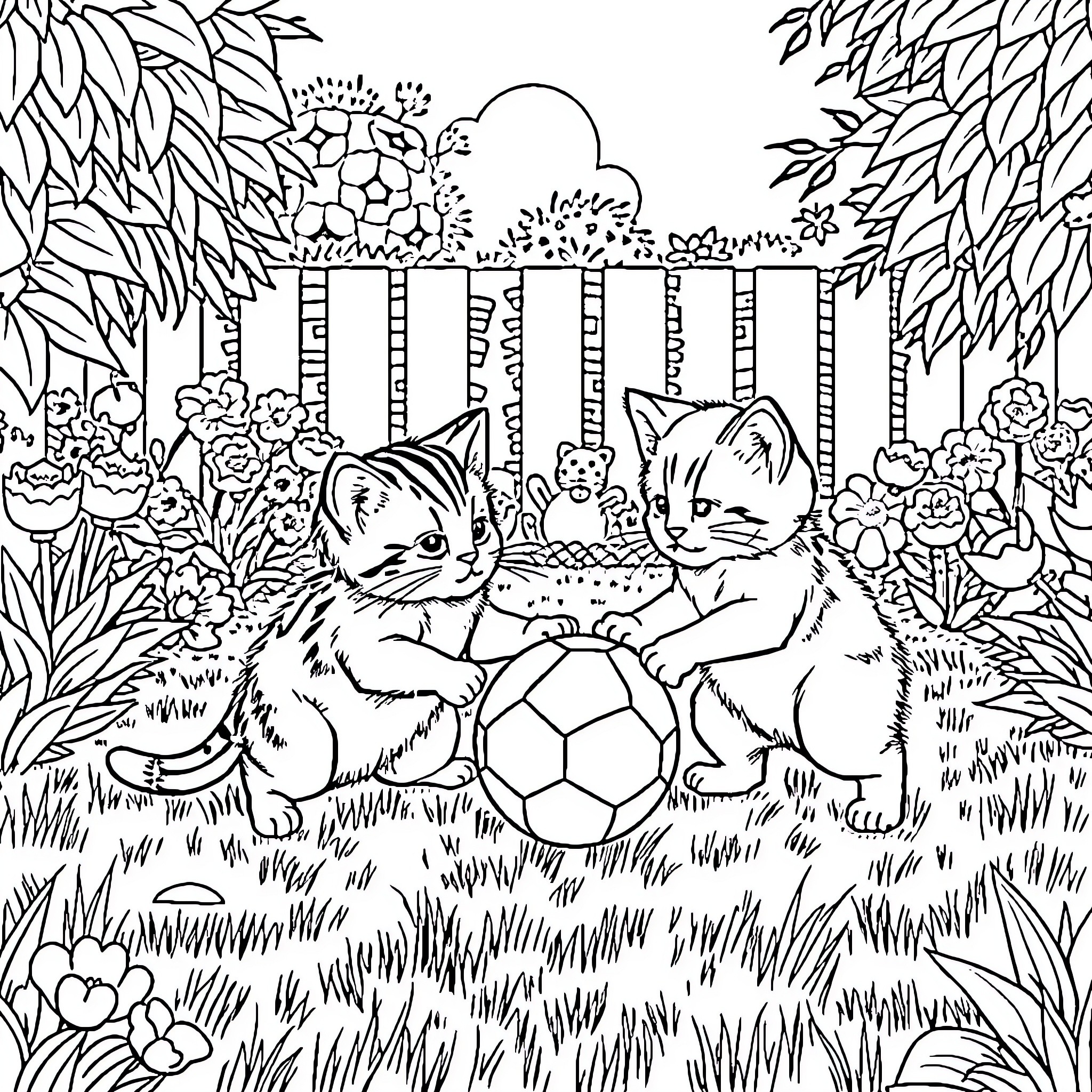 Kittens playing with ball in garden Coloring Page (free black-and-white line drawing printable PDF for all, from beginners to advanced learners, including children, teens, adults, and seniors)