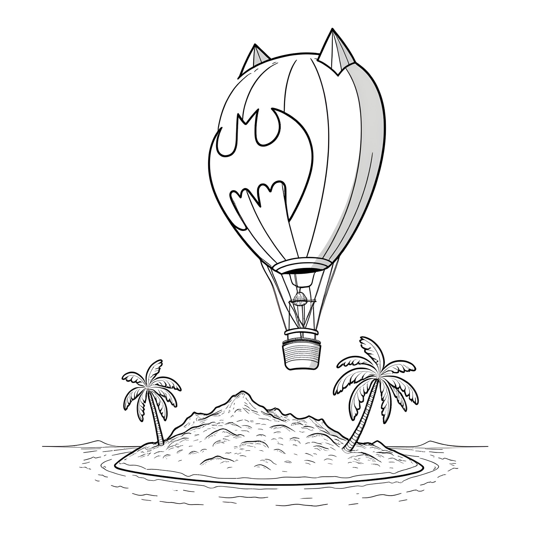 Hot Air Balloon flying over tropical island Coloring Page (free black-and-white line drawing printable PDF for all, from beginners to advanced learners, including children, teens, adults, and seniors)