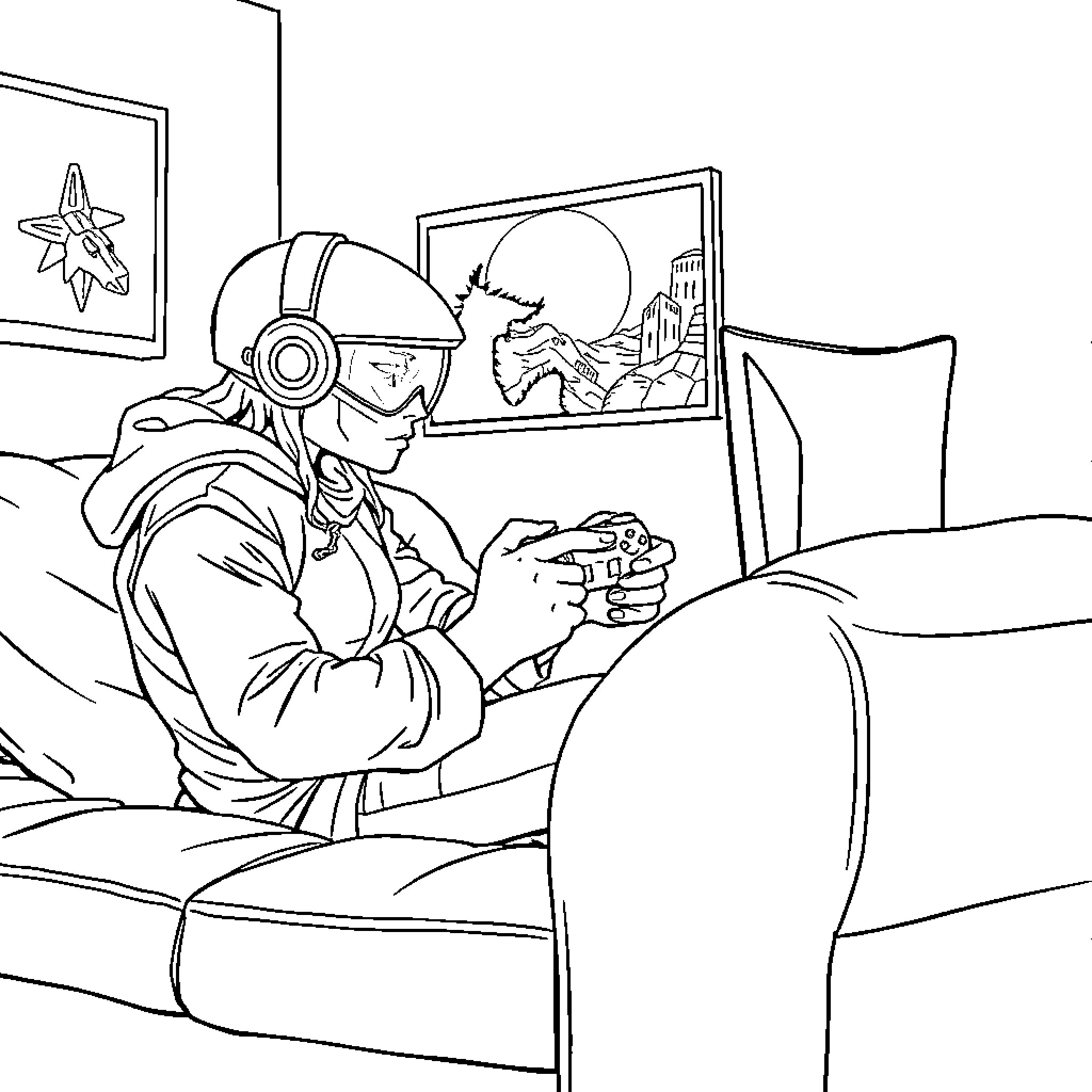 Huntrix gaming in his cozy room Coloring Page (free black-and-white line drawing printable PDF for all, from beginners to advanced learners, including children, teens, adults, and seniors)