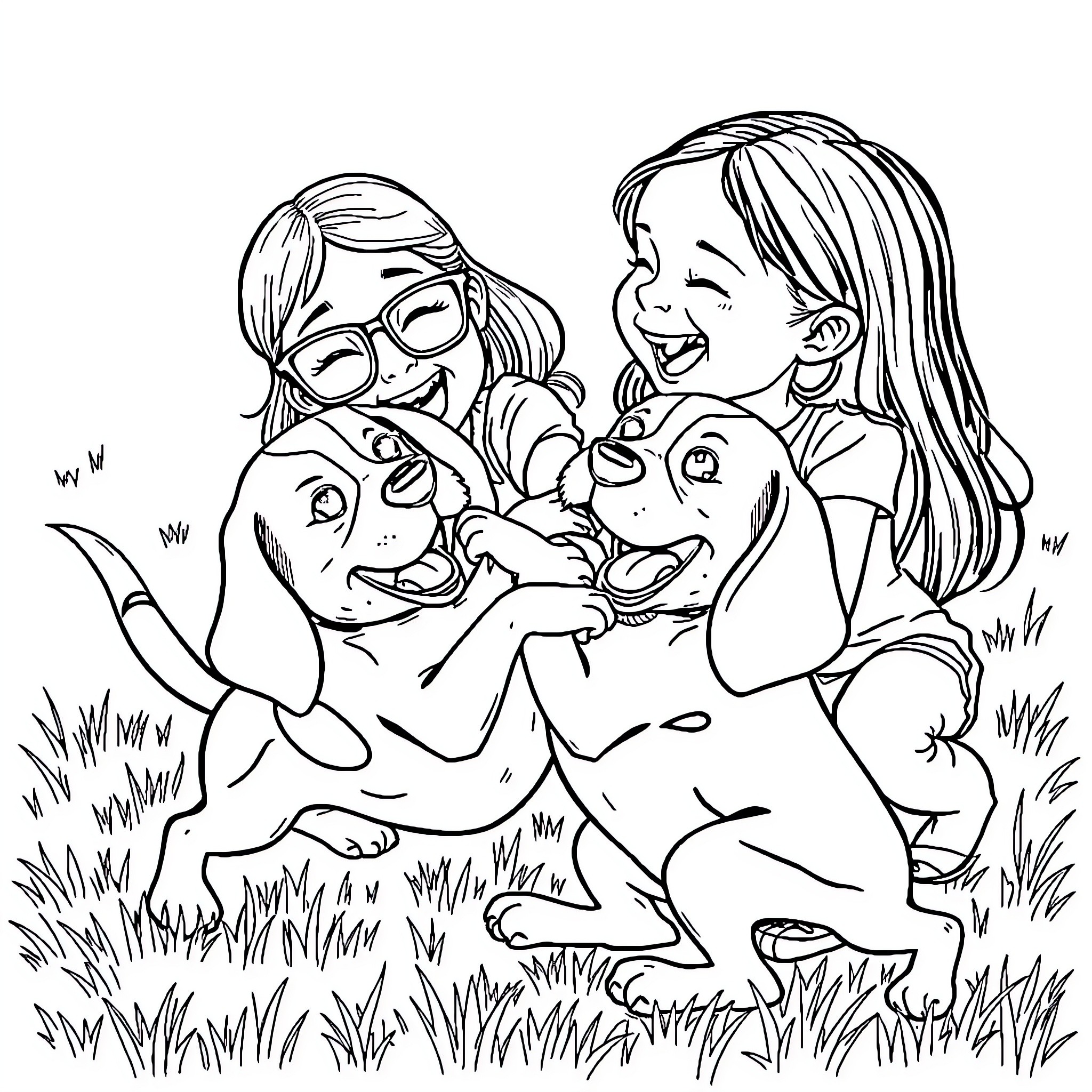 Beagle playing with children in the grass Coloring Page (free black-and-white line drawing printable PDF for all, from beginners to advanced learners, including children, teens, adults, and seniors)