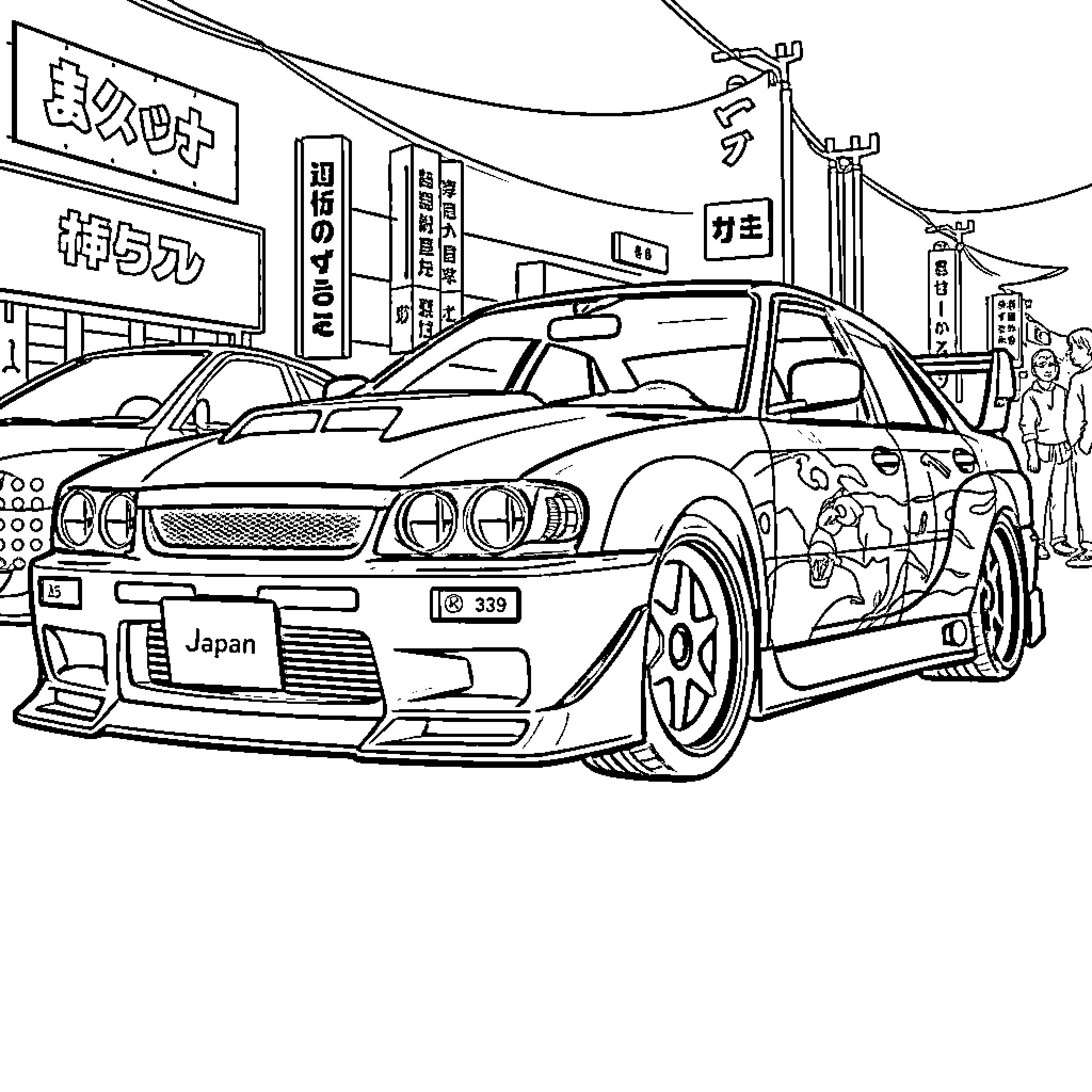 Car racing through the city streets Coloring Page (free black-and-white line drawing printable PDF for all, from beginners to advanced learners, including children, teens, adults, and seniors)