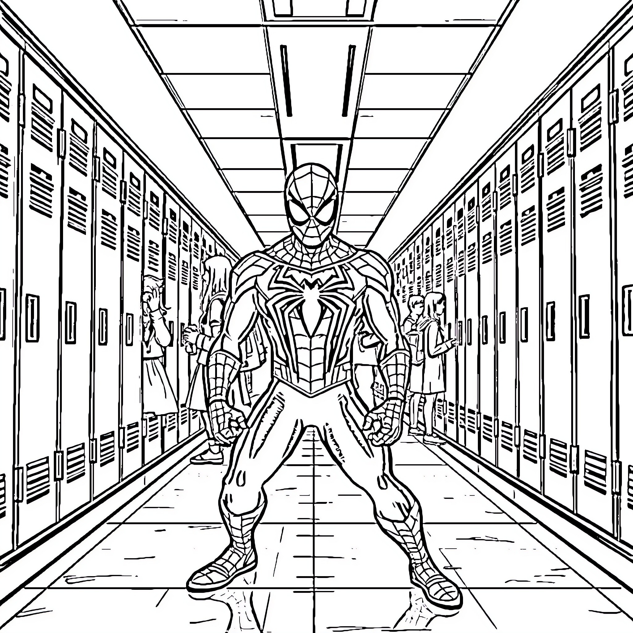 Spider-Man standing in school hallway Coloring Page (free black-and-white line drawing printable PDF for all, from beginners to advanced learners, including children, teens, adults, and seniors)