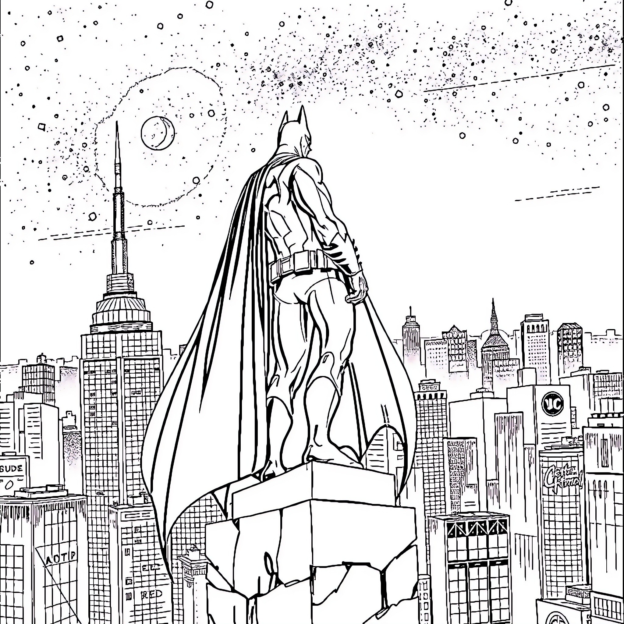 Batman overlooking the city at night Coloring Page (free black-and-white line drawing printable PDF for all, from beginners to advanced learners, including children, teens, adults, and seniors)