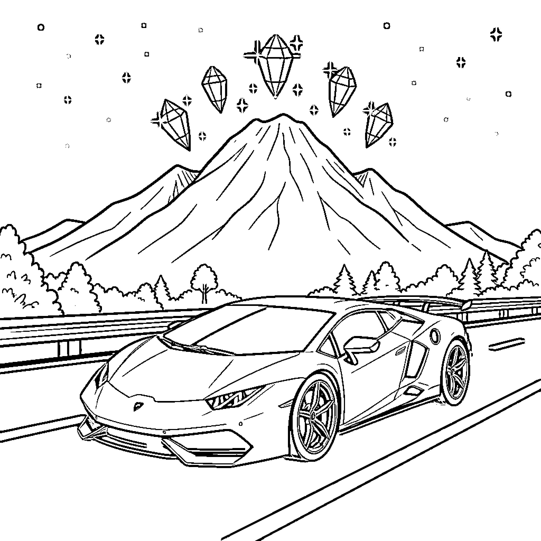 Lamborghini driving on a road near mountains and gems Coloring Page (free black-and-white line drawing printable PDF for all, from beginners to advanced learners, including children, teens, adults, and seniors)