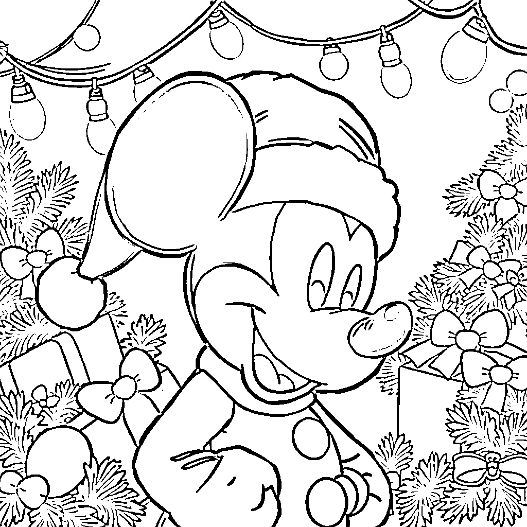 Mickey Mouse with Holiday Decorations and Flowers Coloring Page (free black-and-white line drawing printable PDF for all, from beginners to advanced learners, including children, teens, adults, and seniors)