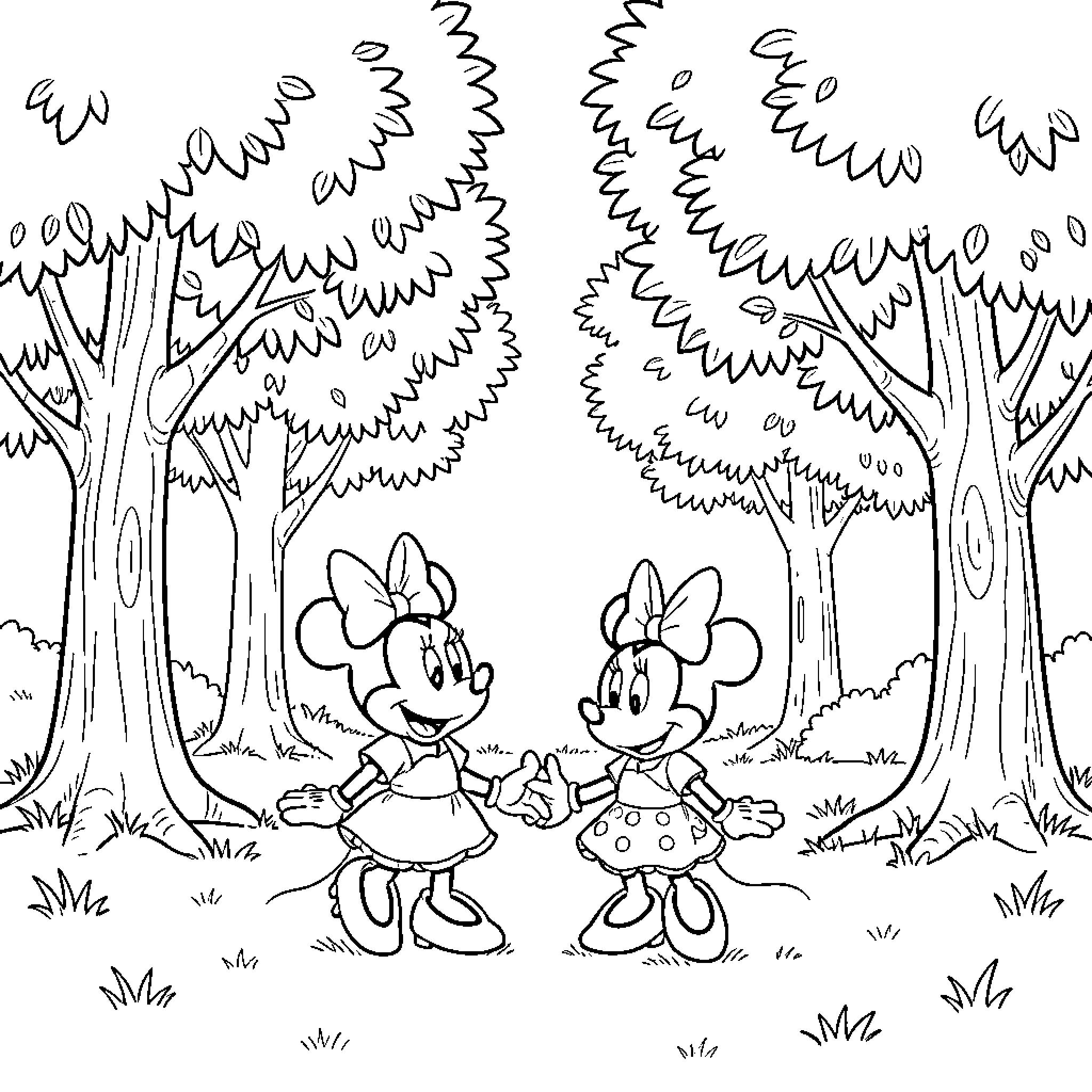 Minnie Mouse and her friend exploring the forest Coloring Page (free black-and-white line drawing printable PDF for all, from beginners to advanced learners, including children, teens, adults, and seniors)