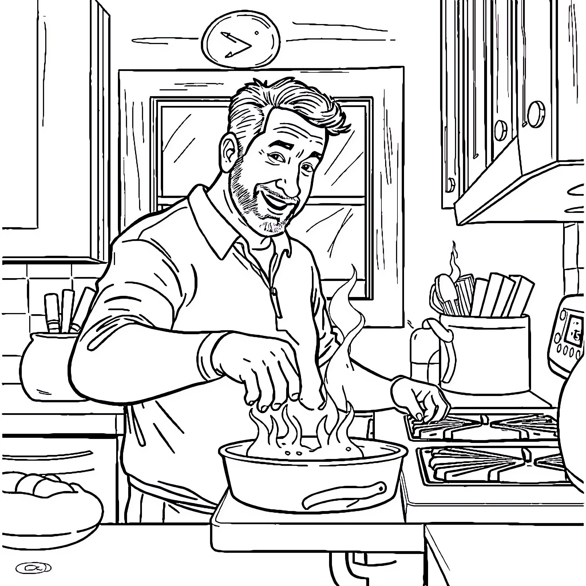 Adam Sandler cooking happily in the kitchen Coloring Page (free black-and-white line drawing printable PDF for all, from beginners to advanced learners, including children, teens, adults, and seniors)