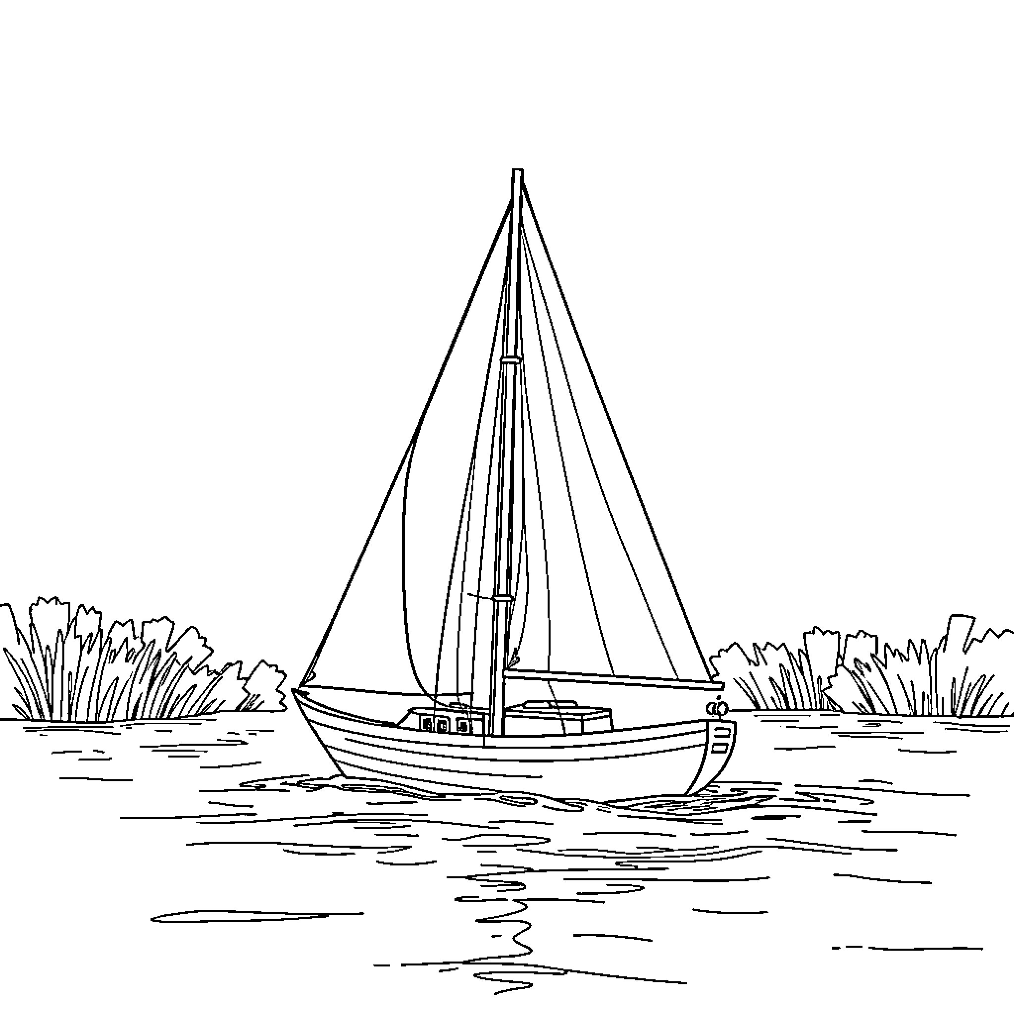Boat sailing peacefully on a calm lake Coloring Page (free black-and-white line drawing printable PDF for all, from beginners to advanced learners, including children, teens, adults, and seniors)