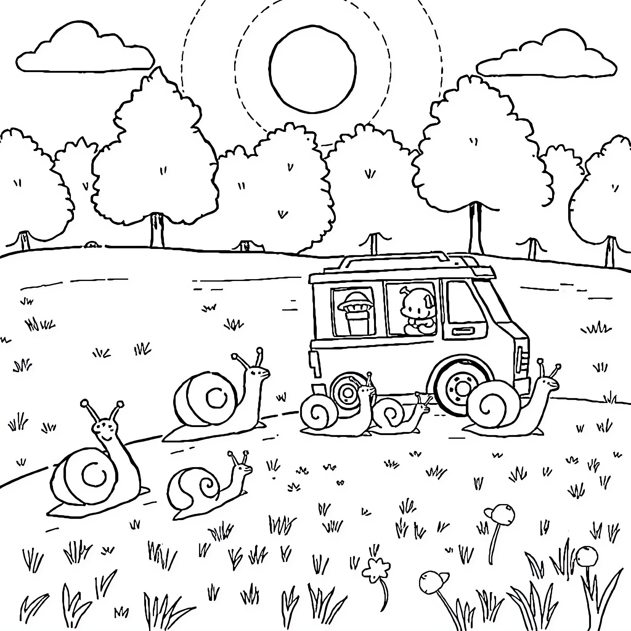 Snail's Scenic Stroll in the Countryside Coloring Page (free black-and-white line drawing printable PDF for all, from beginners to advanced learners, including children, teens, adults, and seniors)