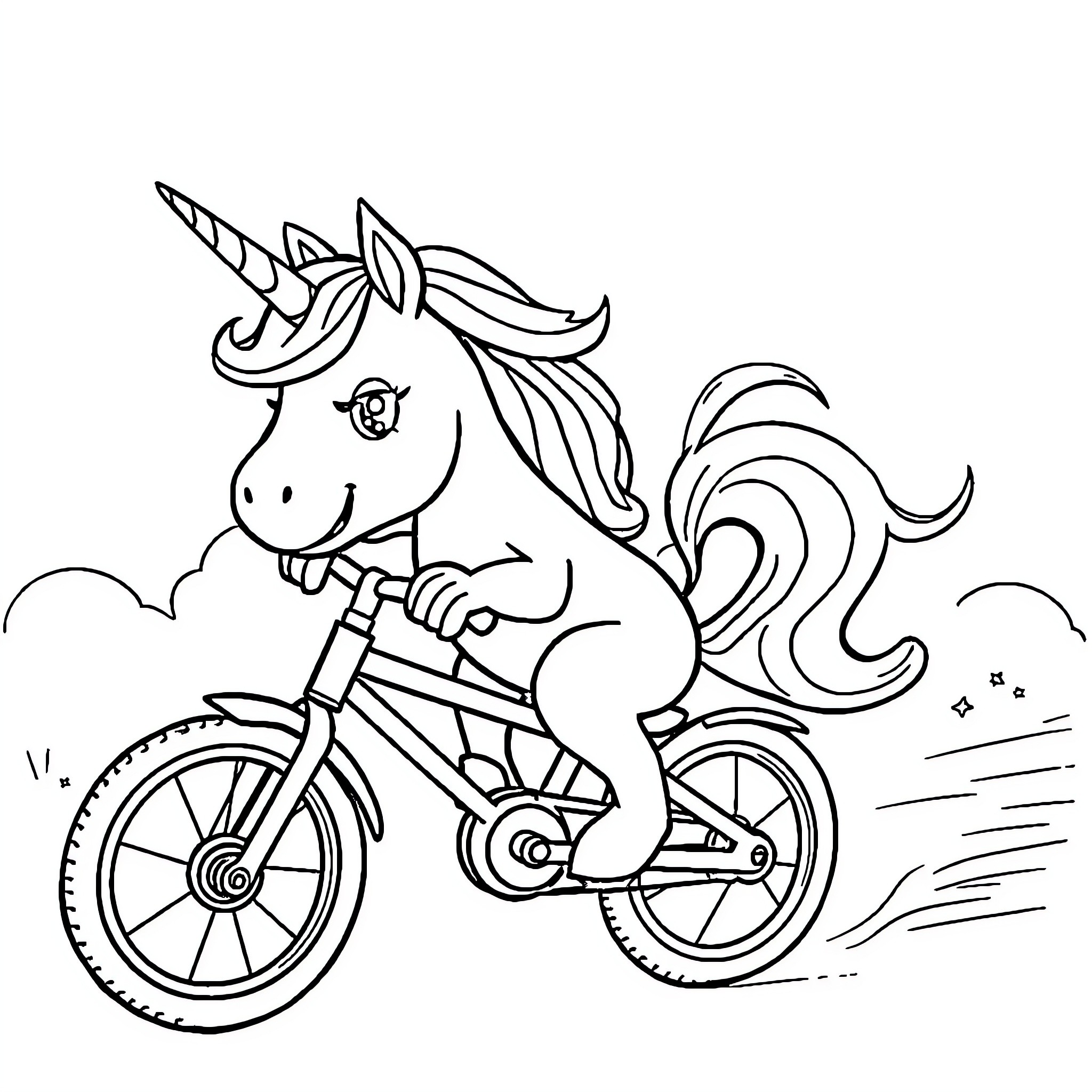Unicorn riding a bicycle with glee Coloring Page (free black-and-white line drawing printable PDF for all, from beginners to advanced learners, including children, teens, adults, and seniors)