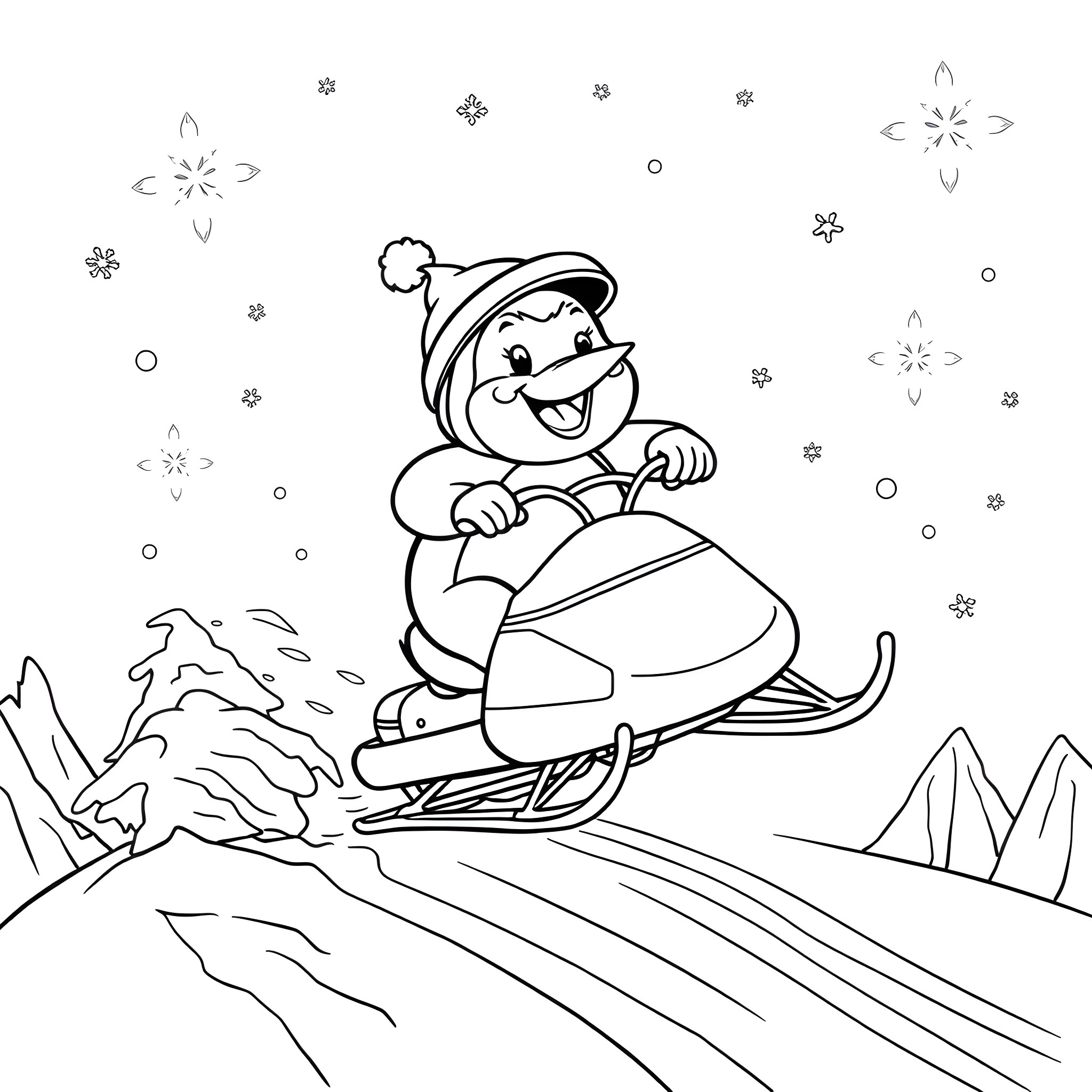 Penguin riding a snowmobile in a winter landscape Coloring Page (free black-and-white line drawing printable PDF for all, from beginners to advanced learners, including children, teens, adults, and seniors)